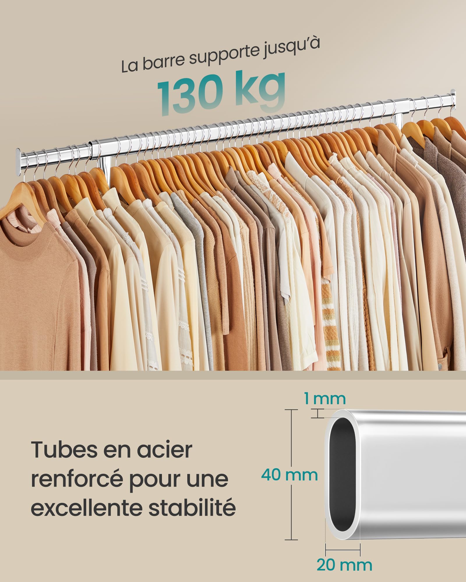 SONGMICS Portant à Vêtements avec Roulettes, Tringle Extensible pour Charge Lourde, Capacité de Charge 130 kg, 45 x (110-150) x 162,9 cm, Porte-manteau, en Métal, Chromé, Argent HSR11S