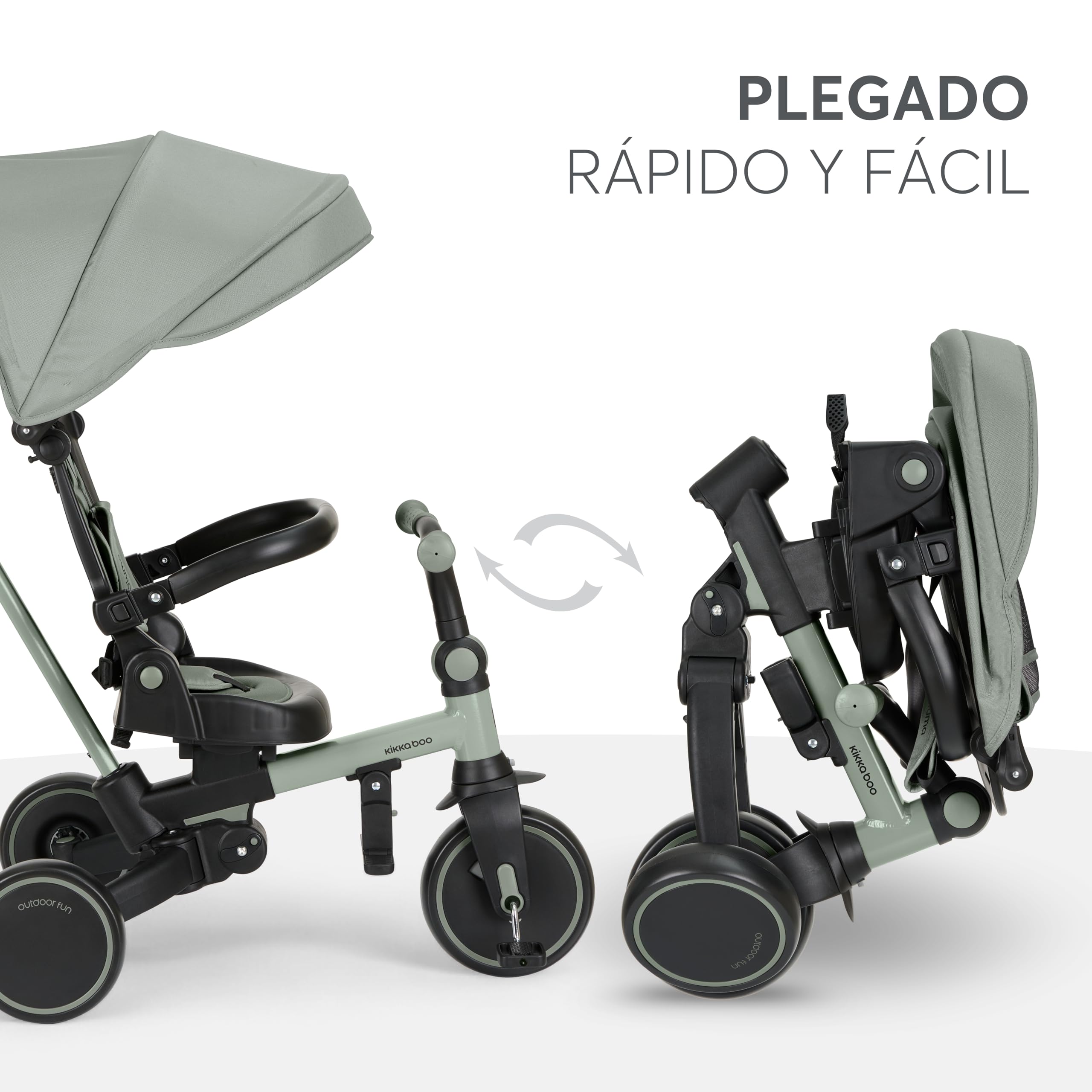 KikkaBoo Triciclo Evolutivo ALUMA 8 en 1, Triciclo Bebé Plegable con Manillar Padres, Asiento Reversible, Capota Ajustable, Arnés 5 Puntos, Marco Aluminio, Verde