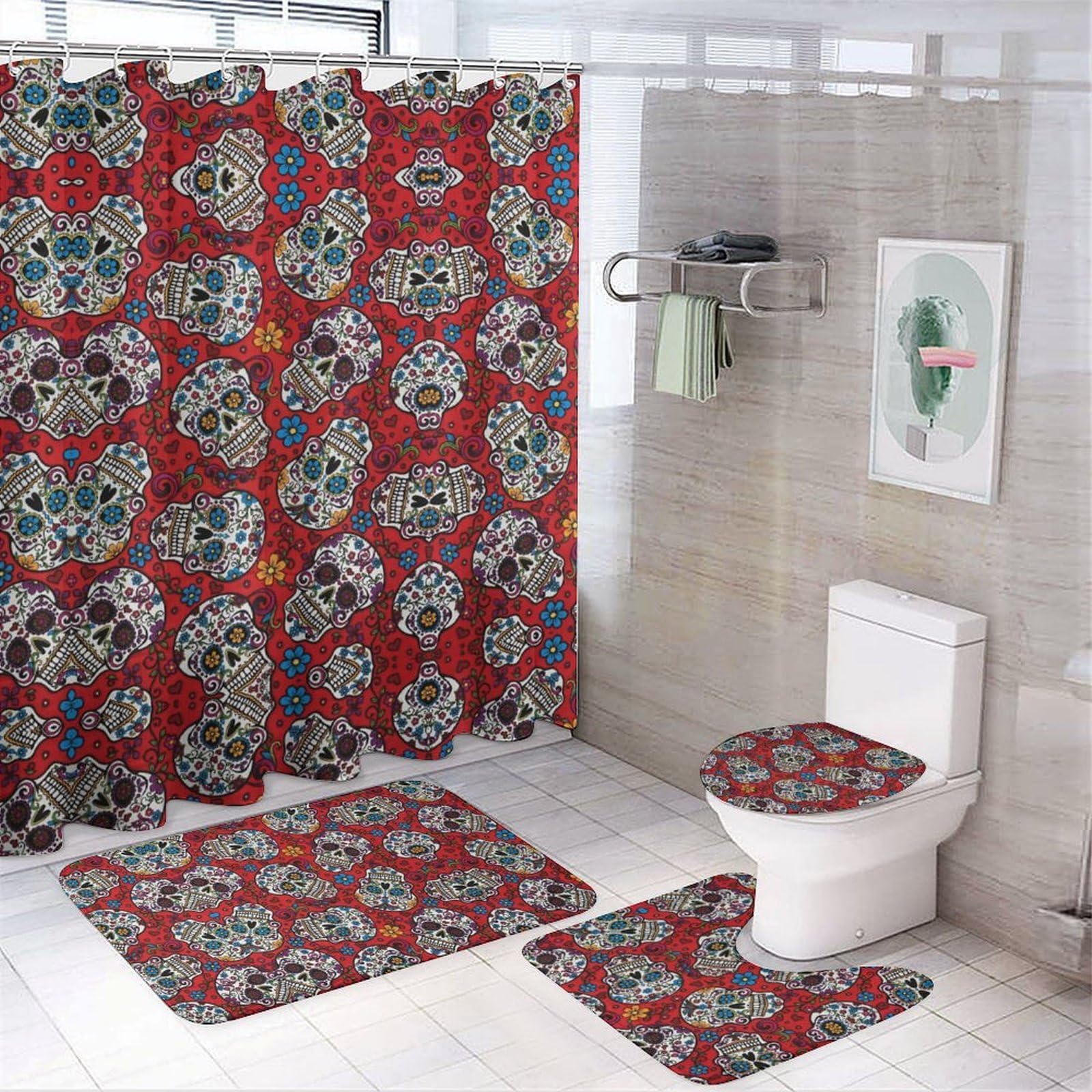 JZemdybill Bathroom Mat Set 4 Piece, Mexican Sugar Skulls Shower Curtain with Non-Slip Bath Mats for Bathroom