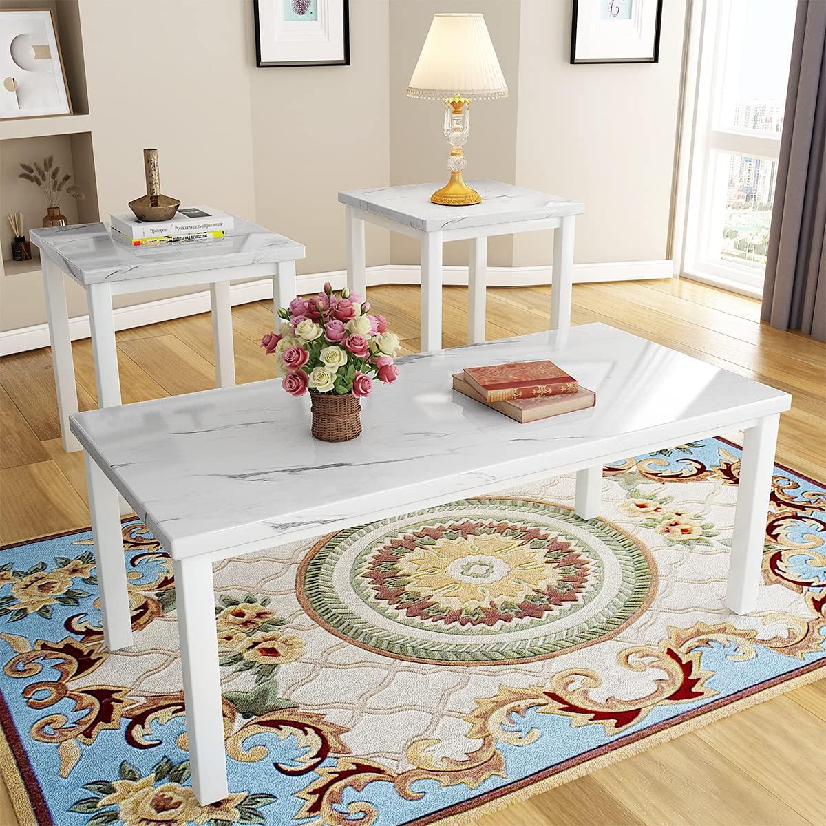 DKLGG 3 Piece Coffee Table Set, Faux Marble Tabletop Style with Black Metal Frame Sofa Side Tables Perfect for Living Room Accent Furniture (White)