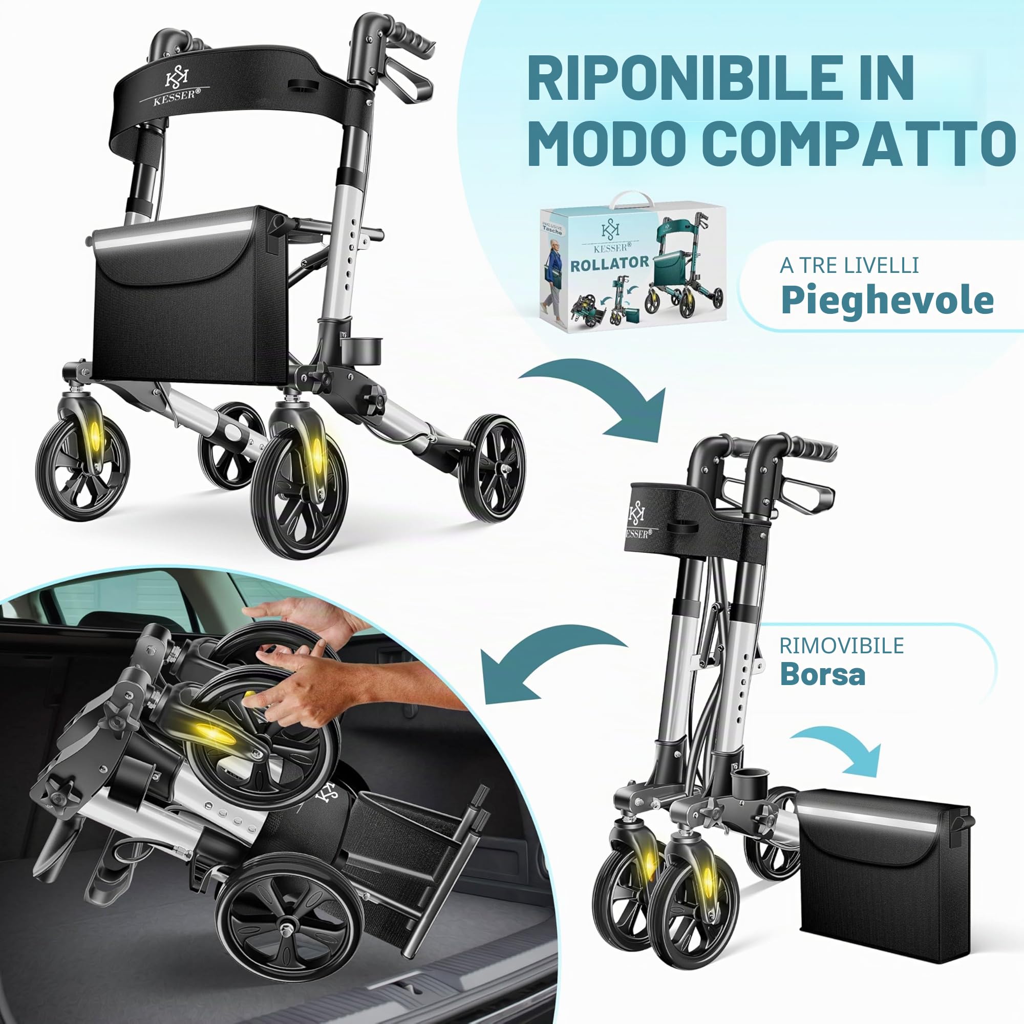KESSER Leggero deambulatore pieghevole Girello ultraleggero con 4 ruote Premium in alluminio Rollator Set Peso massimo sopportato: 136 Kg