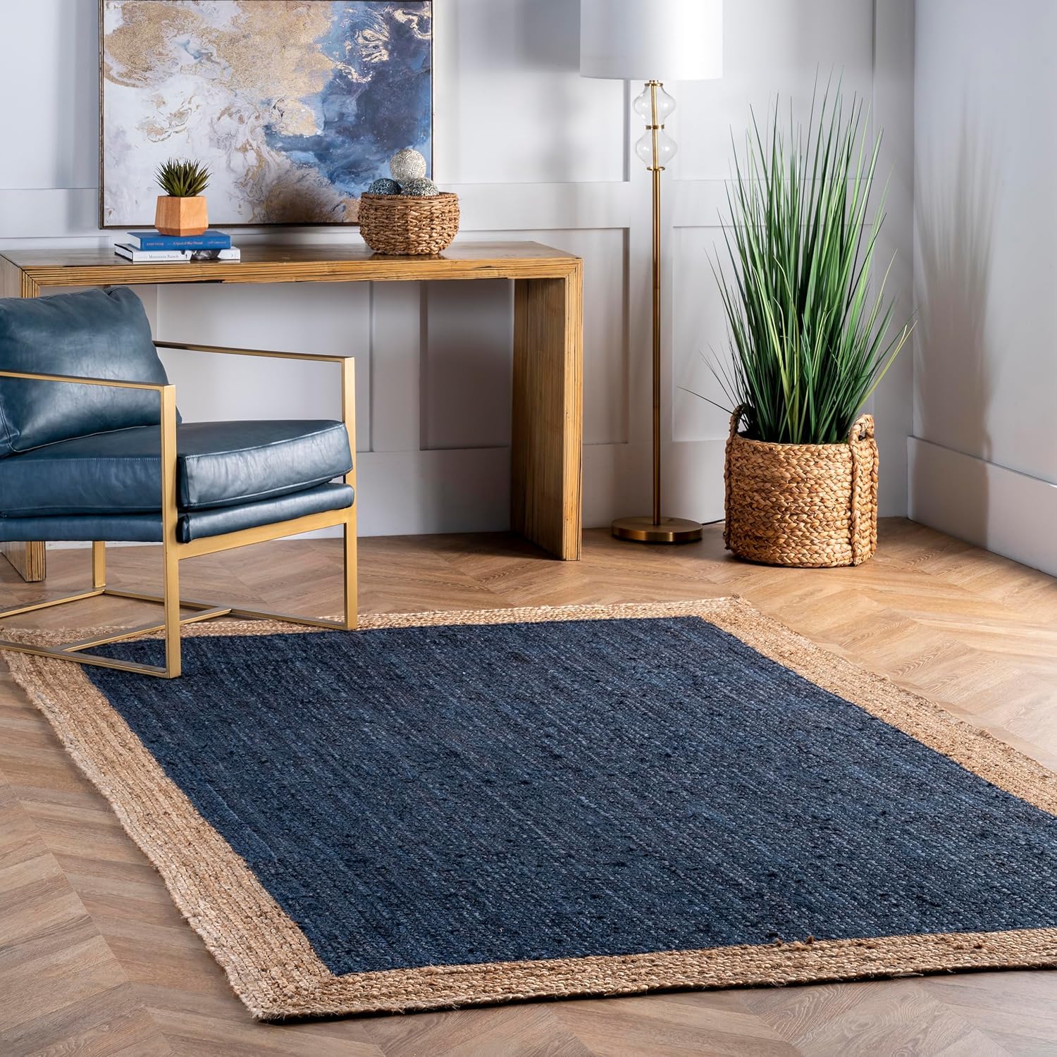 Trademoon Indian Handmade Braided Inner Navy Blue Natural Jute Area Rug, Jute Rug, Living Room, Bedroom, Doormat Rug Size - 3 x 3 Feet Square (90 cm x