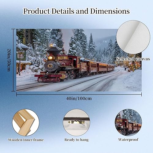 Miniatura 5 de 20"x 40" Canvas Wall Art Winter Train Snowy Forest Retro Christmas Snow Vintage Landscape Framed Pictures Painting Prints Large Wall Art for Living