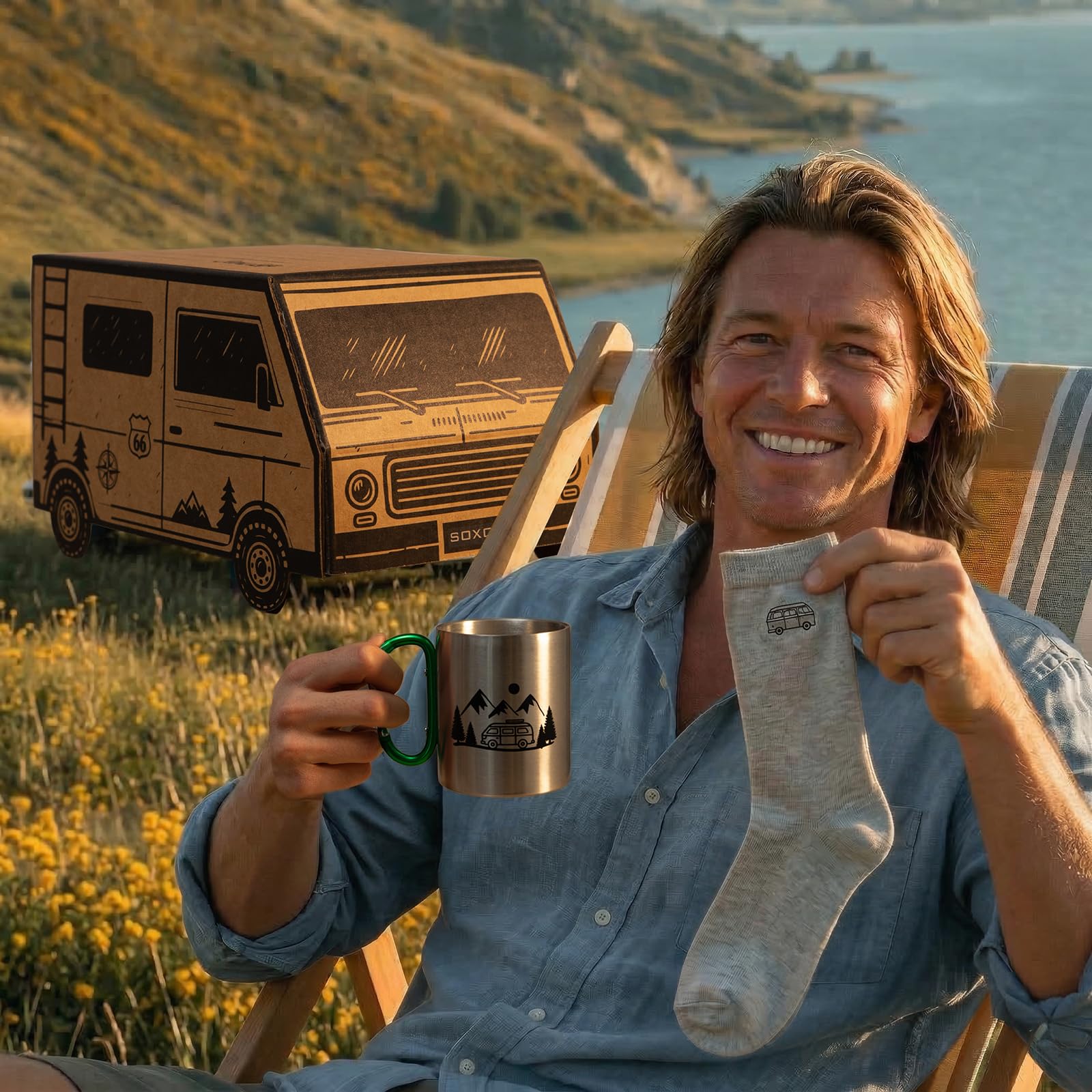 soxo Camper Thermobecher Set Mit Herren Socken Lustige Geschenke Für Männer Camping Baumwolle Socks Hobby 40-45
