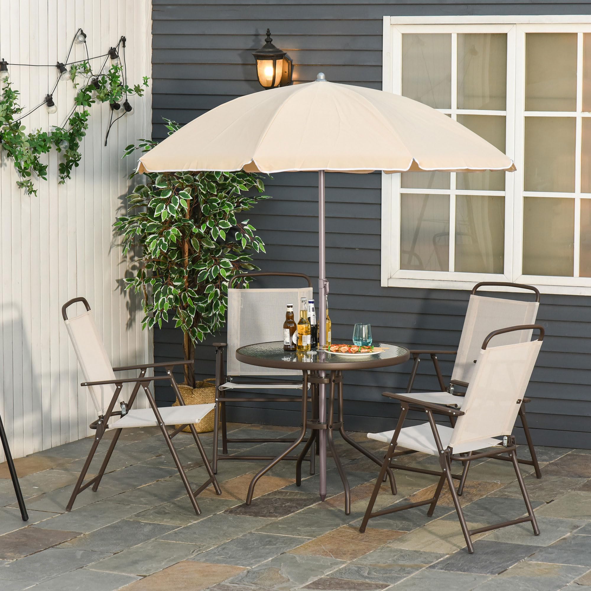 Outsunny 6 pz Set Mobili da Giardino in Tubi d'Acciaio, Tavolo da Giardino con Sedie e Ombrellone, Crema