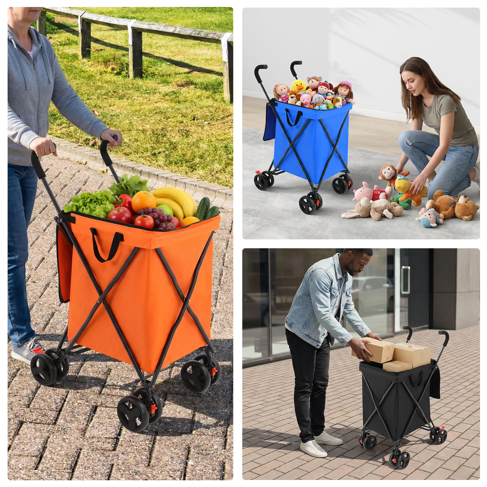 Einkaufstrolley Einkaufswagen Klappbar 70kg Kapazität, Faltbarer Einkaufsroller Handwagen Multifunktional Shoppingtrolley für Wäsche Einkaufen Camping Lebensmittel (Schwarz)
