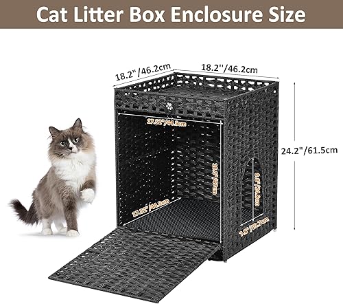 Miniatura 7 de Caja de arena para gatos con alfombrilla de arena suave muebles ocultos de baño para gatos con puerta casa de gato de ratán tejida a mano jaula para