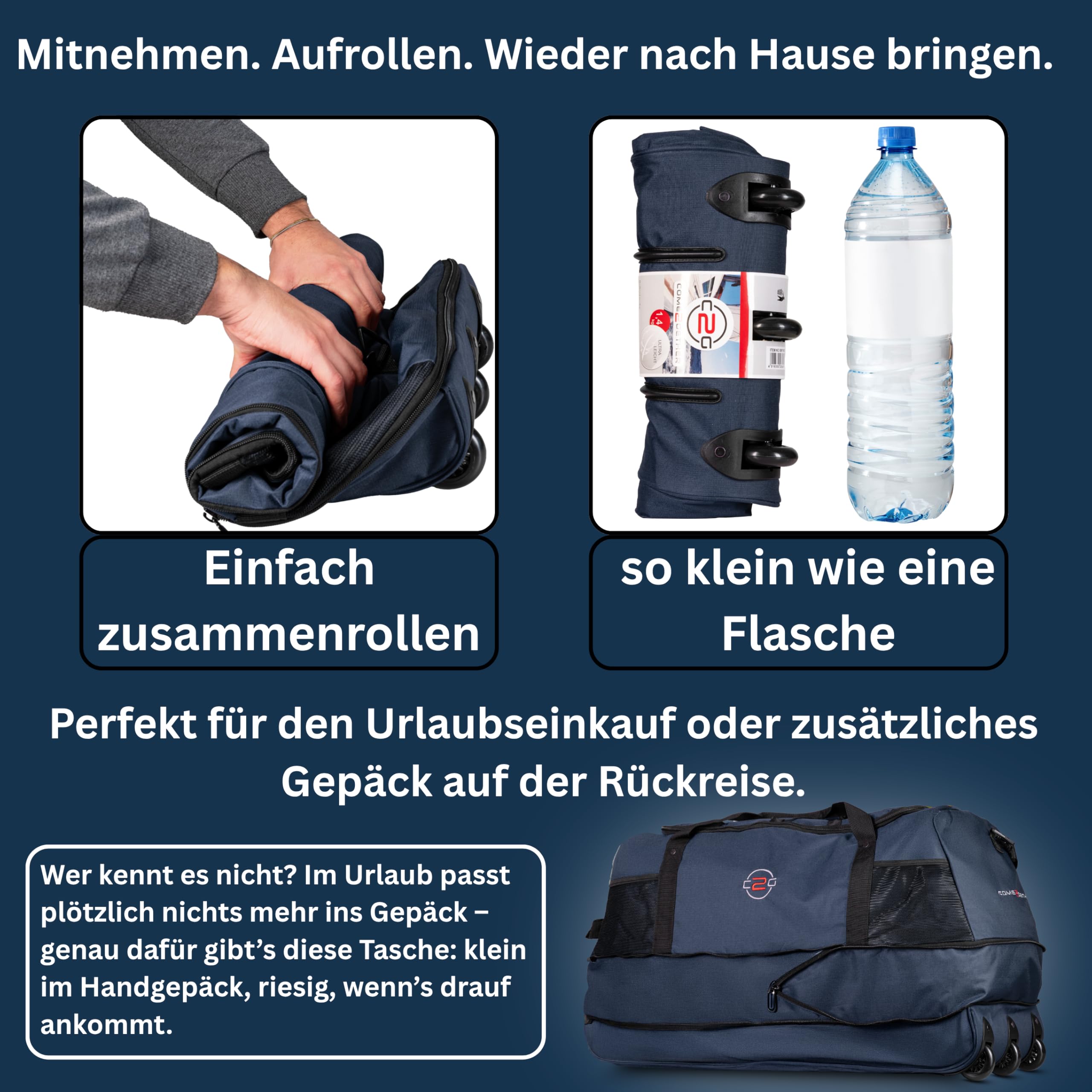 Große Reisetasche mit Rollen 120 L – Faltbare Rolltasche & Sporttasche XXL – leicht, robust & platzsparend – ideale Reisetasche zum Ziehen für Urlaub, Sport & Training (Navy)