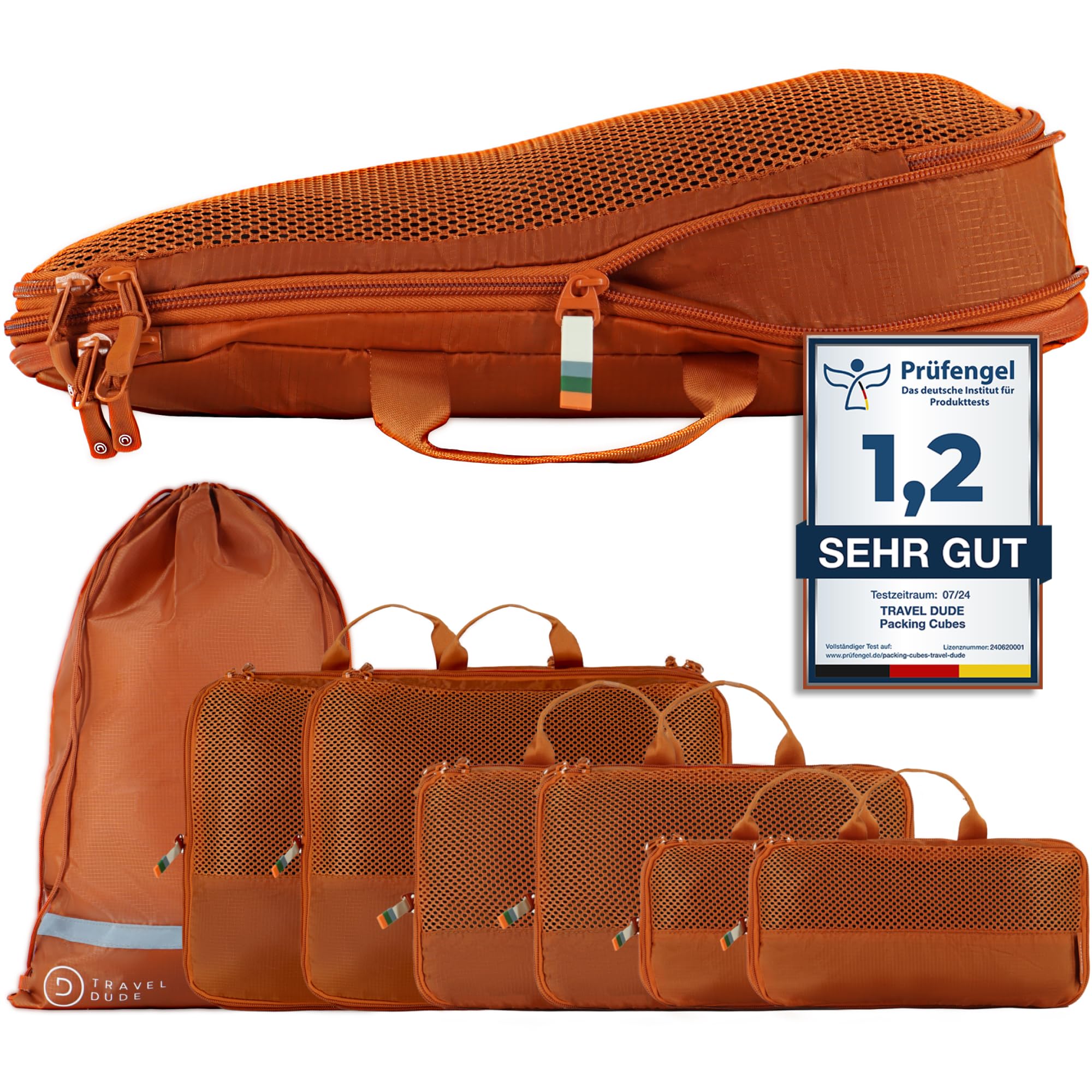 TRAVEL DUDE Packwürfel Set mit Kompression aus recycelten Plastikflaschen, Leichte Packing Cubes, Packtaschen Set für Rucksack und als Koffer Organizer, Zubehör (Burnt Orange, 7-teiliges Set)