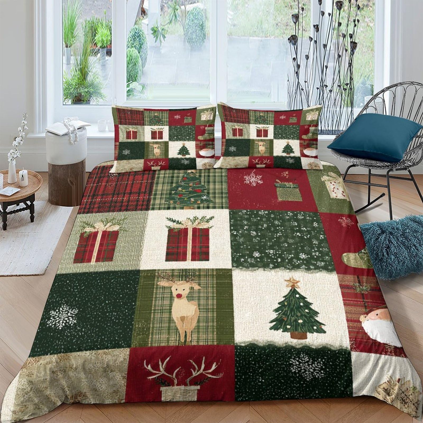 Ctjqhvkz Style-1 3D Printed Christmas Patchwork Fitted Sheet Microfiber Soft Breathable Plaid Reindeer Mattress Cover For Bedroom Guest Room Decor Single（135X200cm）