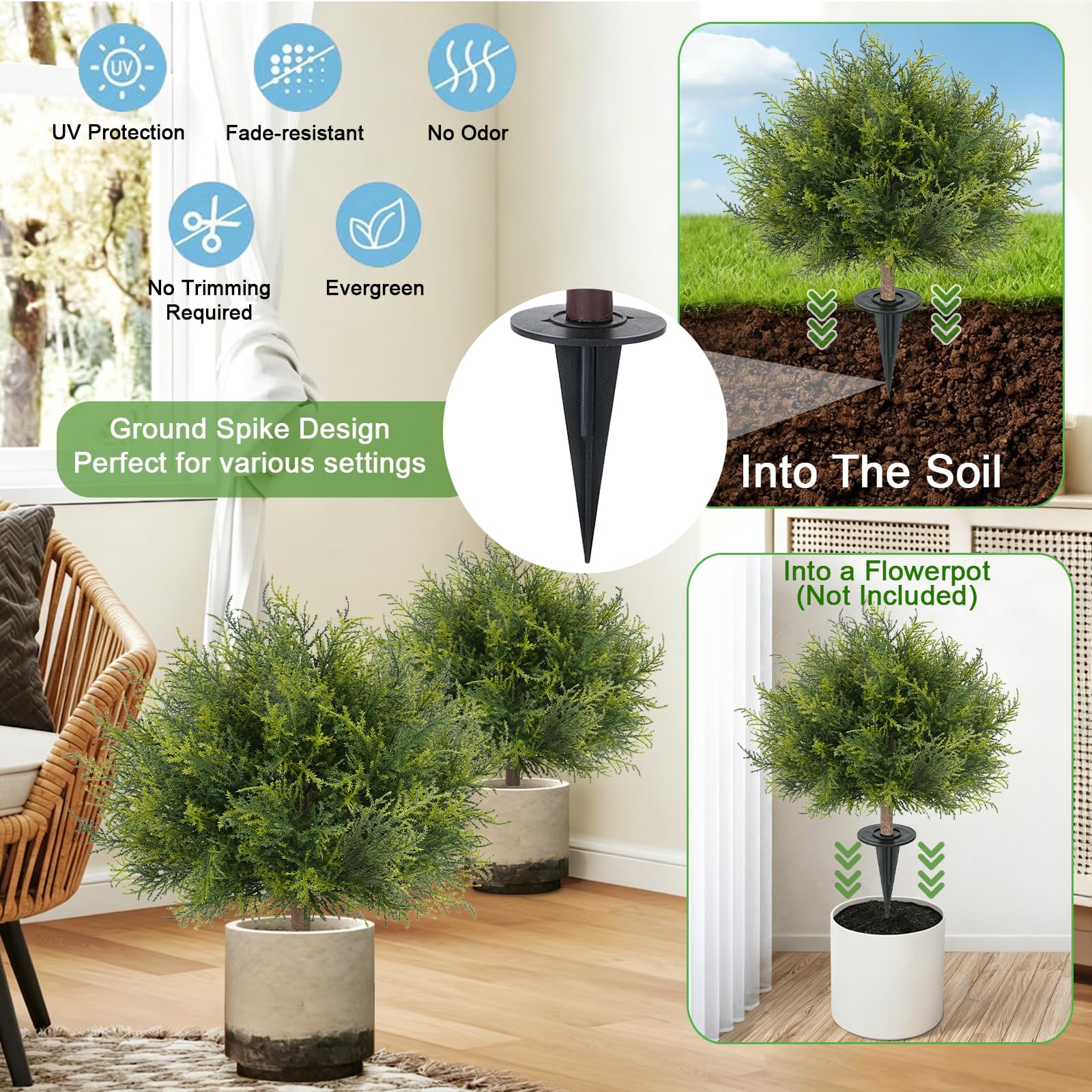 2 Pièces Cyprès Artificiel Extérieur 60 cm Boule de Buis Artificiel | Topiaire Artificielle avec Piquet Ø40 cm Fausses Plantes Artificielles Anti UV Arbustes Artificiels Déco Jardin Porche Balcon
