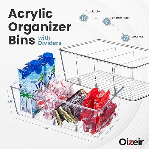 Miniatura 2 de Oizeir Paquete de 8 cubos organizadores transparentes para despensa, organizador de refrigerador con 3 divisores extraíbles, ideal para cocina,