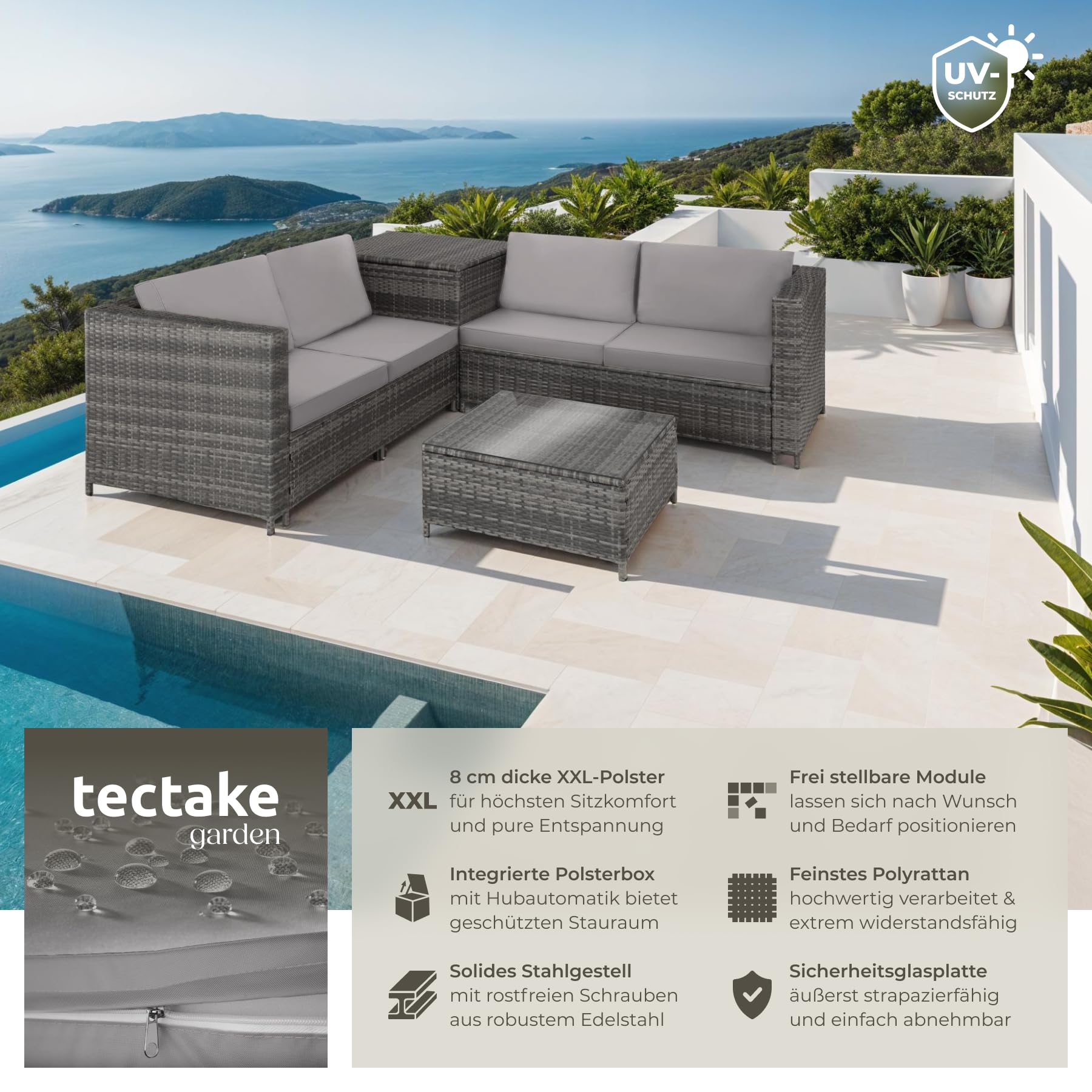 tectake Polyrattan Sitzgruppe für 4 Personen, Balkon Garnitur mit Sitzkissen, Aufbewahrungsbox draußen sowie Outdoor Couchtisch mit Glasplatte, Balkonmöbel Rattan - grau/hellgrau