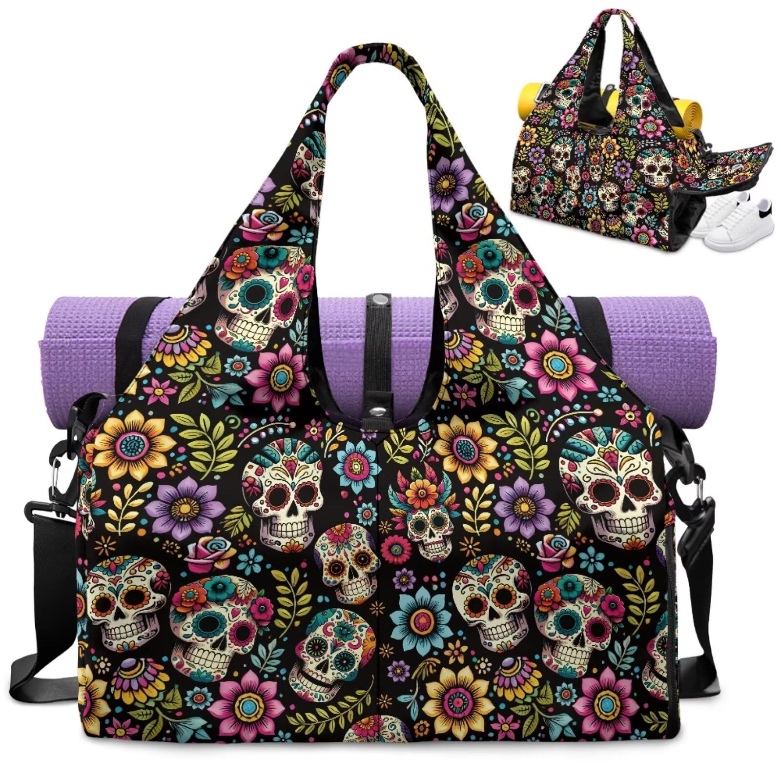 Dngkaoje Floral Skull Yoga Bag for Women with Shoe Compartment and Yoga Mat Carrier Skull Print Yogas Mat Bags for Women Wet Gym Clothes Bag Gym Duffle Bags Travel Storage Organization — image 1