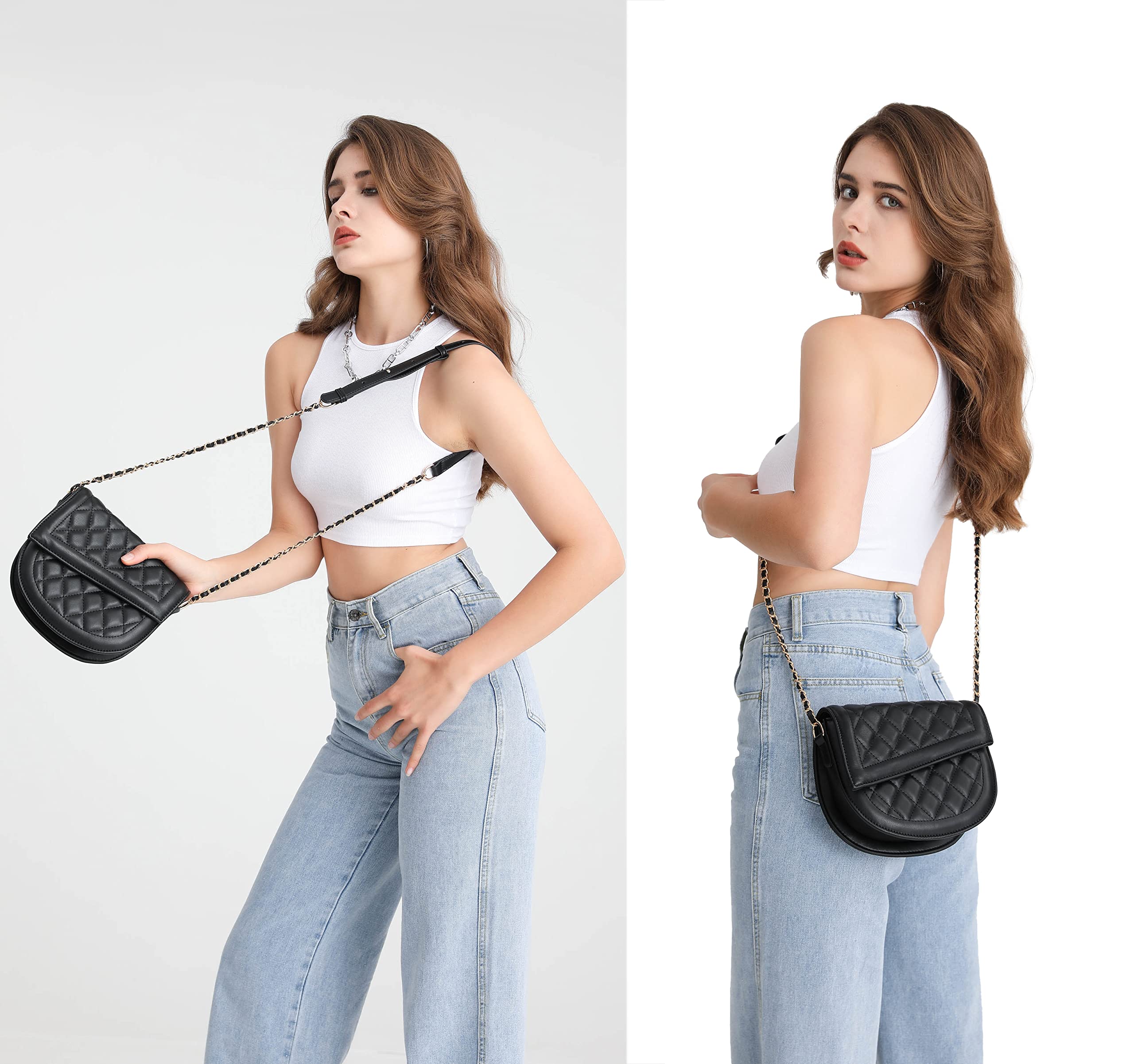 Bolsos cruzados con solapa para mujer sobre el hombro Bolsos de cadena Bolsos de cuero vegano, Negro, Large