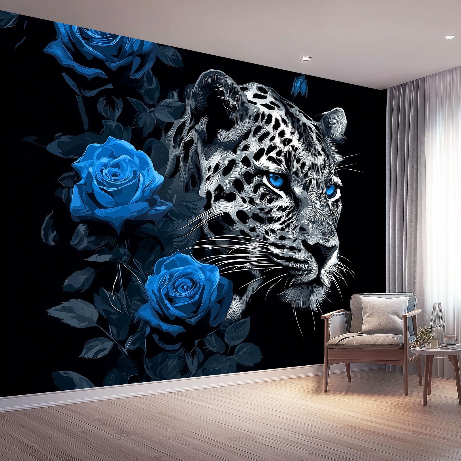 Zdjęcie ścienne 250 x 175 cm, niebieski różowy lampart, dekoracja z włókniny, do pokoju chłopięcego i biura, czarne
