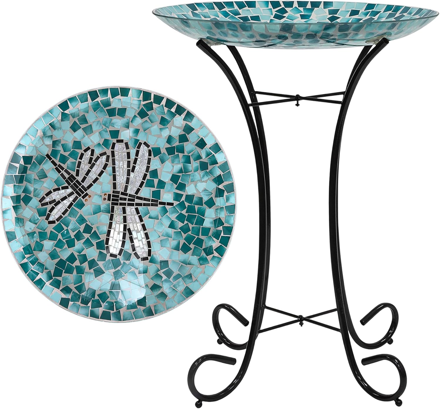 Alpine Corporation 24" Tall Outdoor Mosaic Dragonfly Glass Birdbath Bowl with Metal Stand