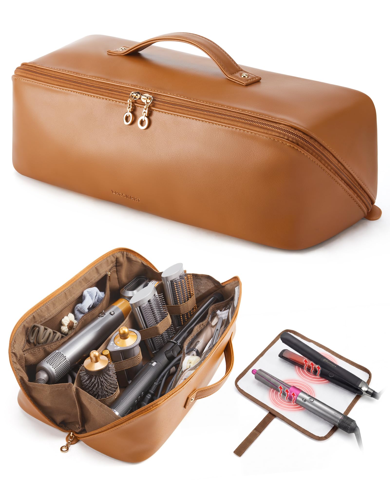 BAGSMART Hair Tool Organizer Travel Bag Compatible with Dyson Airwrap, Shark Hair Dryer, Wide-open Accessories Organizer with Heat Resistant Mat, Makeup Bag for Dyson Attachments, Curling Iron,Leather Brown（Leather）