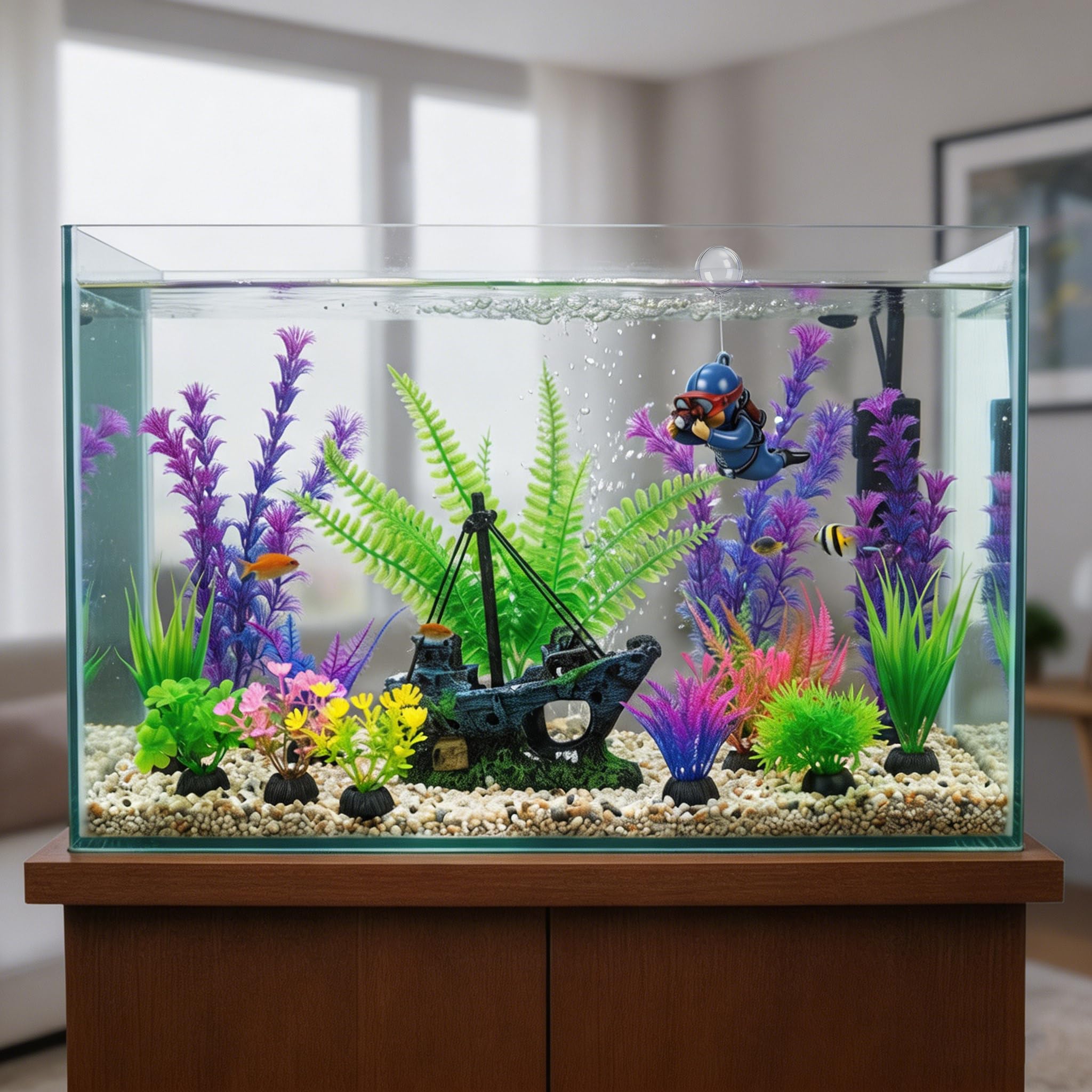 Ameliade Aquarium-Deko-Set mit Schiffswrack-Dekoration, kleiner Taucher schwimmend & 13 Wasser-Kunstpflanzen – Betta-Pflanzen & Verstecke für Aquarien und kleines Aquarium-Zubehör