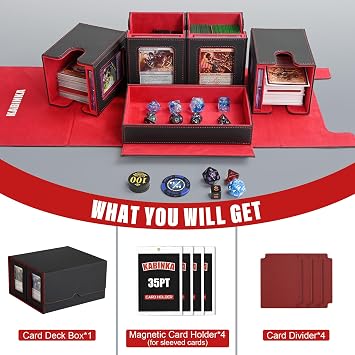 Kabinka Card Deck Box for MTG Commander, Holds 400+ Double-Sleeved Cards, 5 IN 1 Detachable Card Case with Dice Tray, Fits Magic/TCG Cards, 4 Magnetic Card Holders & Dividers (Black Red)
