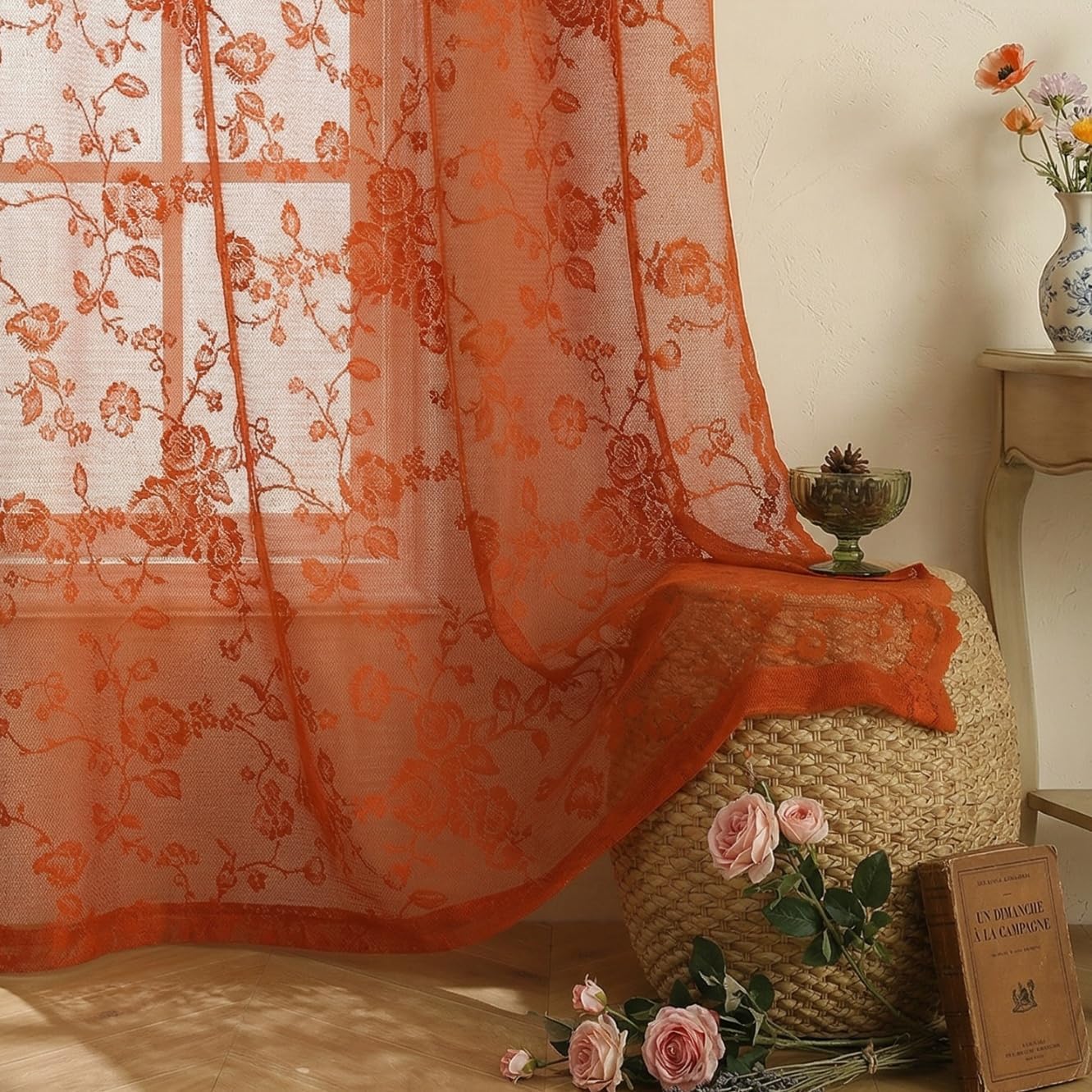 Burnt Orange Lace 63 Inches Long-Romantic Flowers Light Filtering Country Sheer Boho Curtains for Bedroom Living Room，calloped Rose Lace Curtains，Grommet Top 2 Panels，52 x 63 Inch