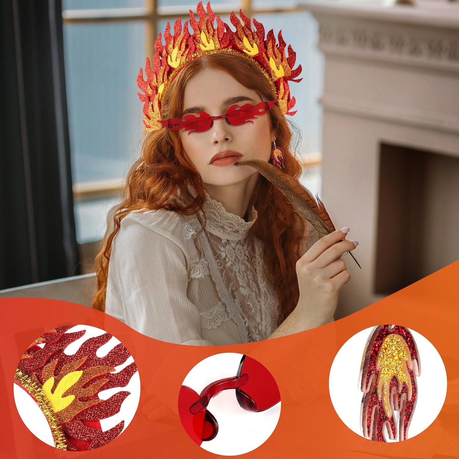 Beelittle Flame Costume Set for Women Fire Headband Sunglasses Feather Boa Flame Dangle Halloween Cosplay Accessories