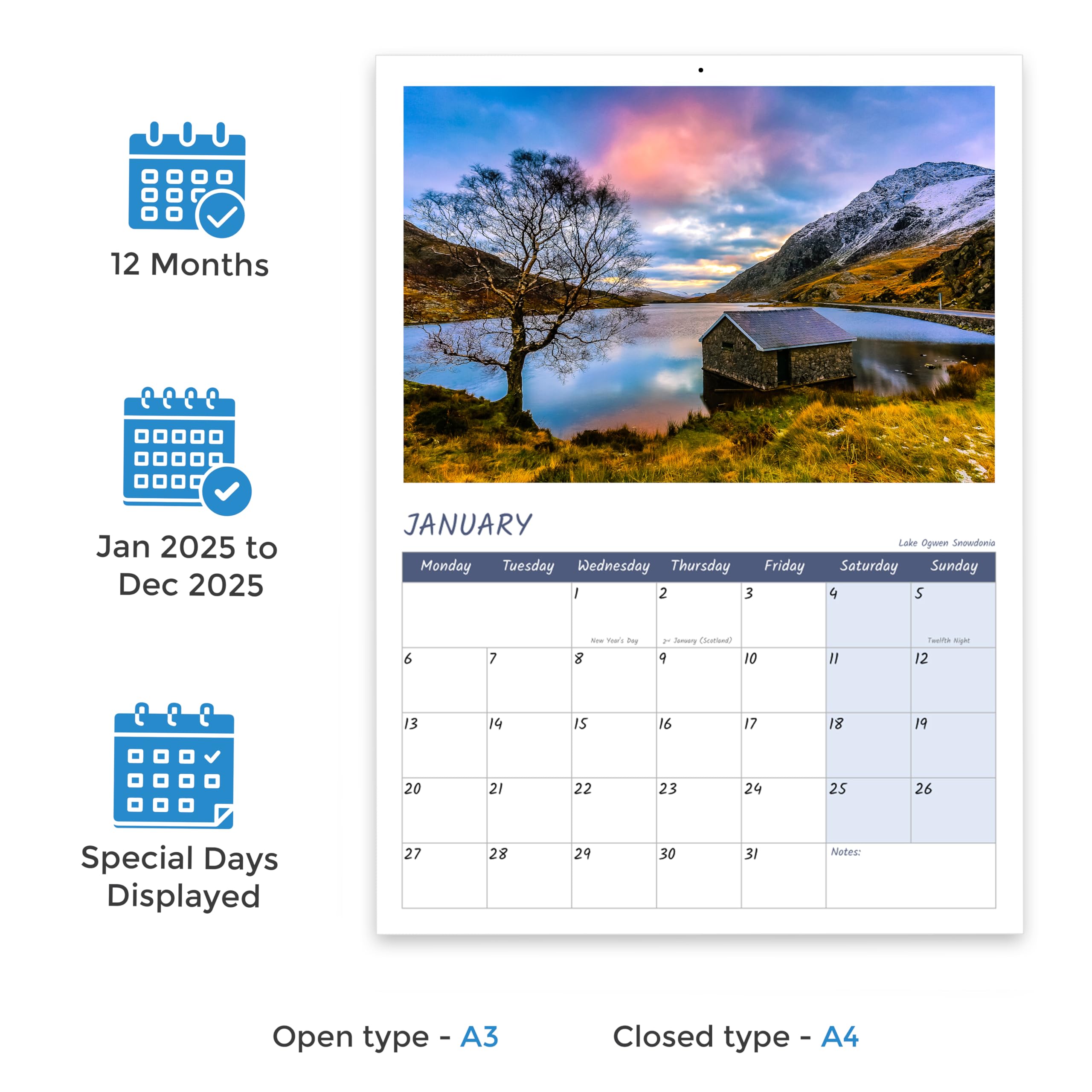 British Landscapes Calendar 2026 12 Month to View A4 Wall Calendar 2026 A3 When Open Landscape Calendar 2026 UK Papa Prints - Image 2