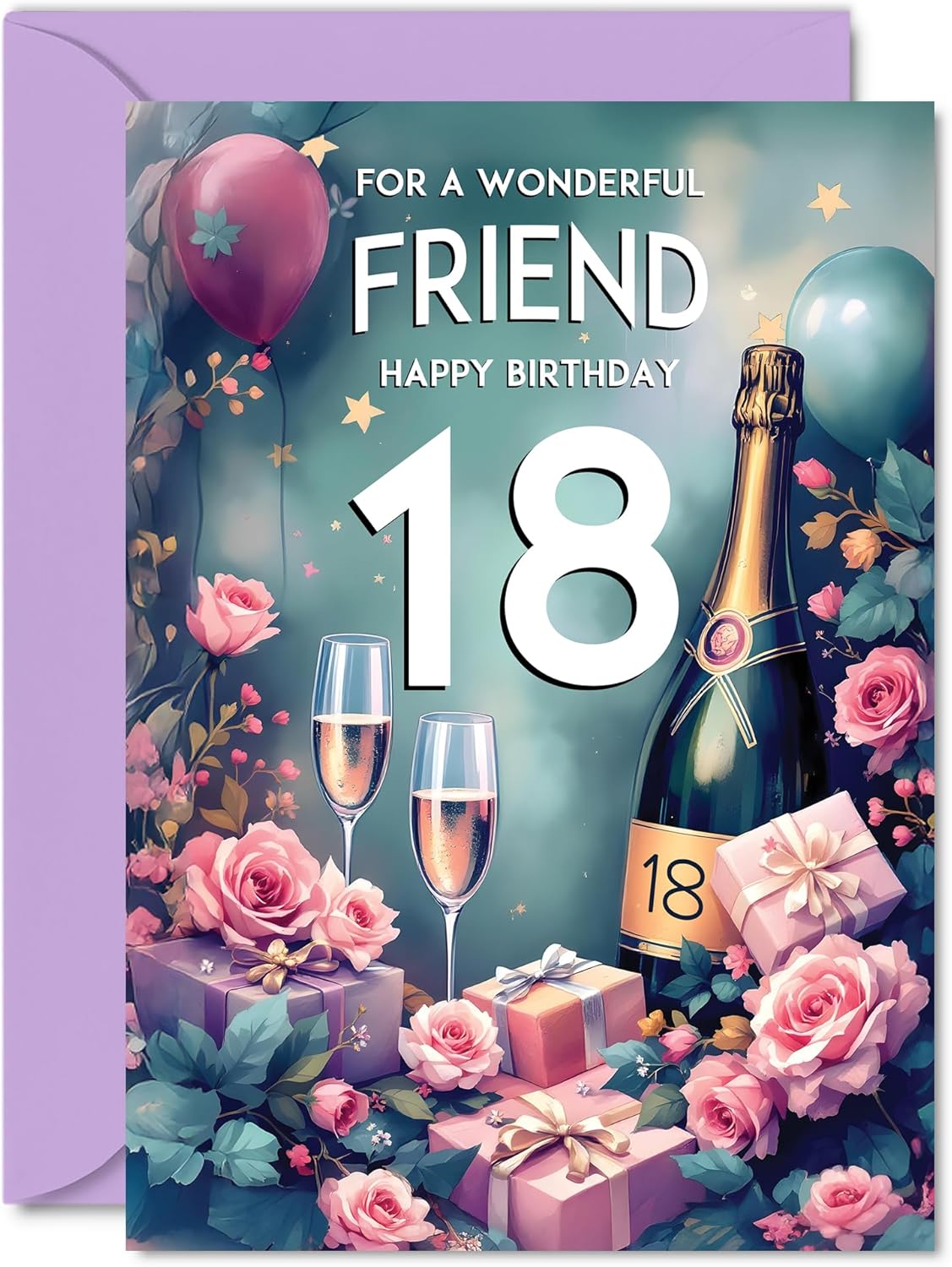 18th Birthday Card Friend - Pink Presents Champagne Bottle - Gorgeous Pretty Beautiful Birthday Cards for 18 Year Old Woman Women, A5 Greeting Cards Gift