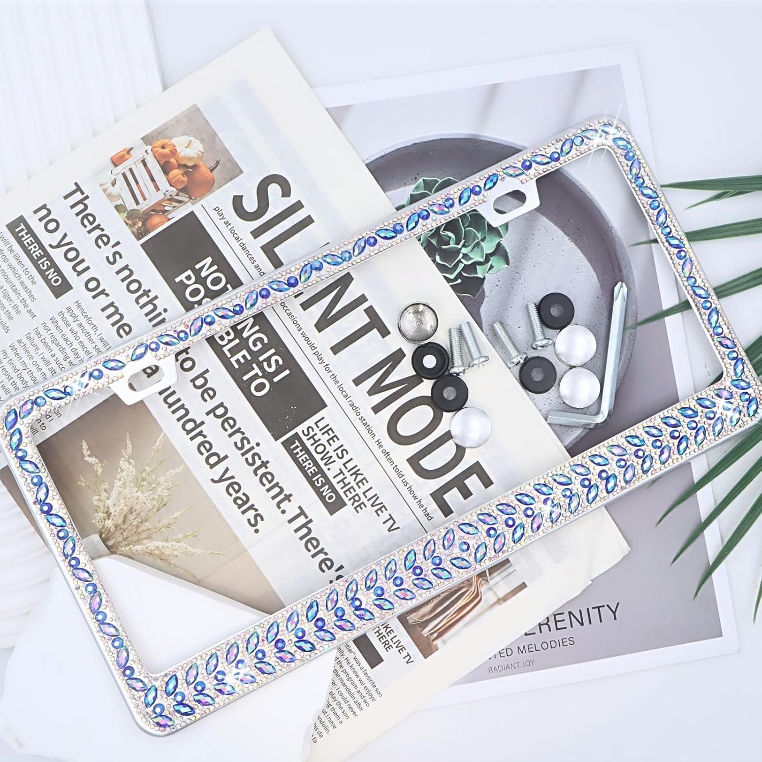 Bijou Joon 2 Pcs Blue AB Sparkly License Plate Frames for Women Rhinestone Bling License Plate Frame Cover Glitter Crystal for Girl Bedazzled Shiny Diamond Pack Car Holder Blinged Decorative