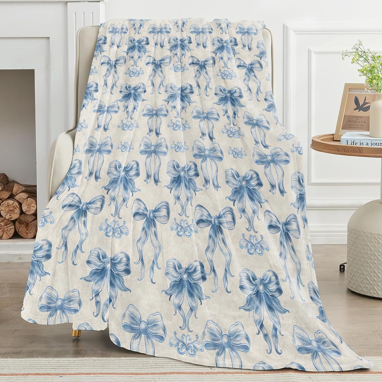 Blue Bow Blanket Elegant Vintage Ribbon Pattern on Cream Background Throw Blankets Lightweight Flannel Throws for Camping Couch Chair Office Bed Home Decor Gifts for Women,80x60inch