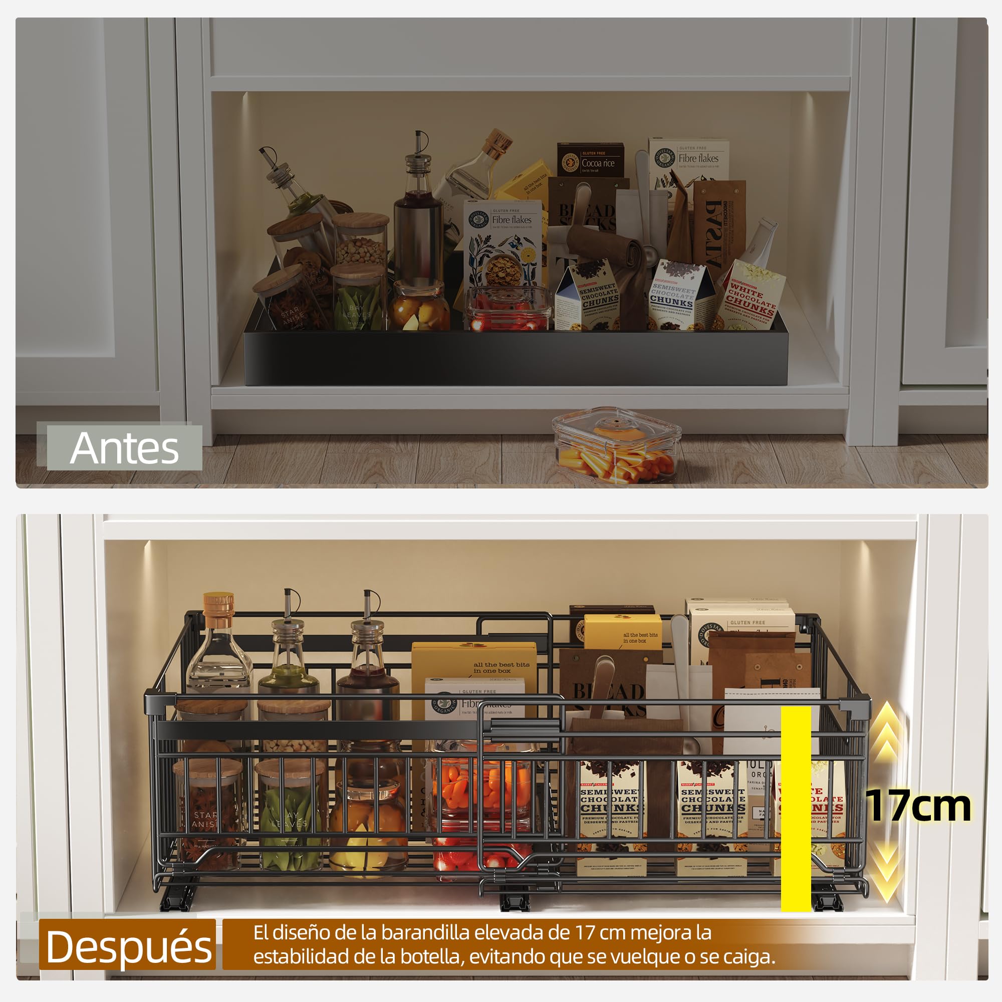 NETEL Paquete de 2 Cajones Extraíbles para Cocina, Cajón Telescópico Sin Taladrar, Fijación Autoadhesiva o con Tornillos, Largo Ajustable 33-51 x Fondo 38 x Alto 17 cm, Negro