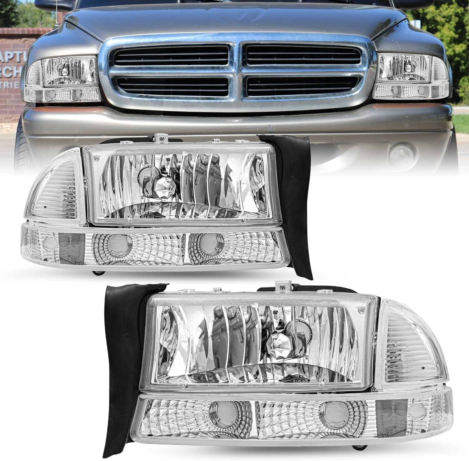 SOCKIR Halogen Headlight Assembly Compatible with 1997-2004 Dodge Dakota / 1998-2003 Dodge Durango Driver and Passenger Sides Chrome Housing & Clear Reflector