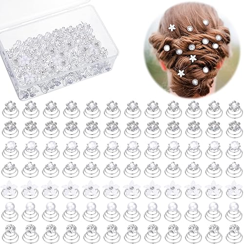 Juego de 108 piezas de 7 estilos de torsiones de cristal para boda, espiral, horquillas para el cabello con diamantes de imitación para novia,