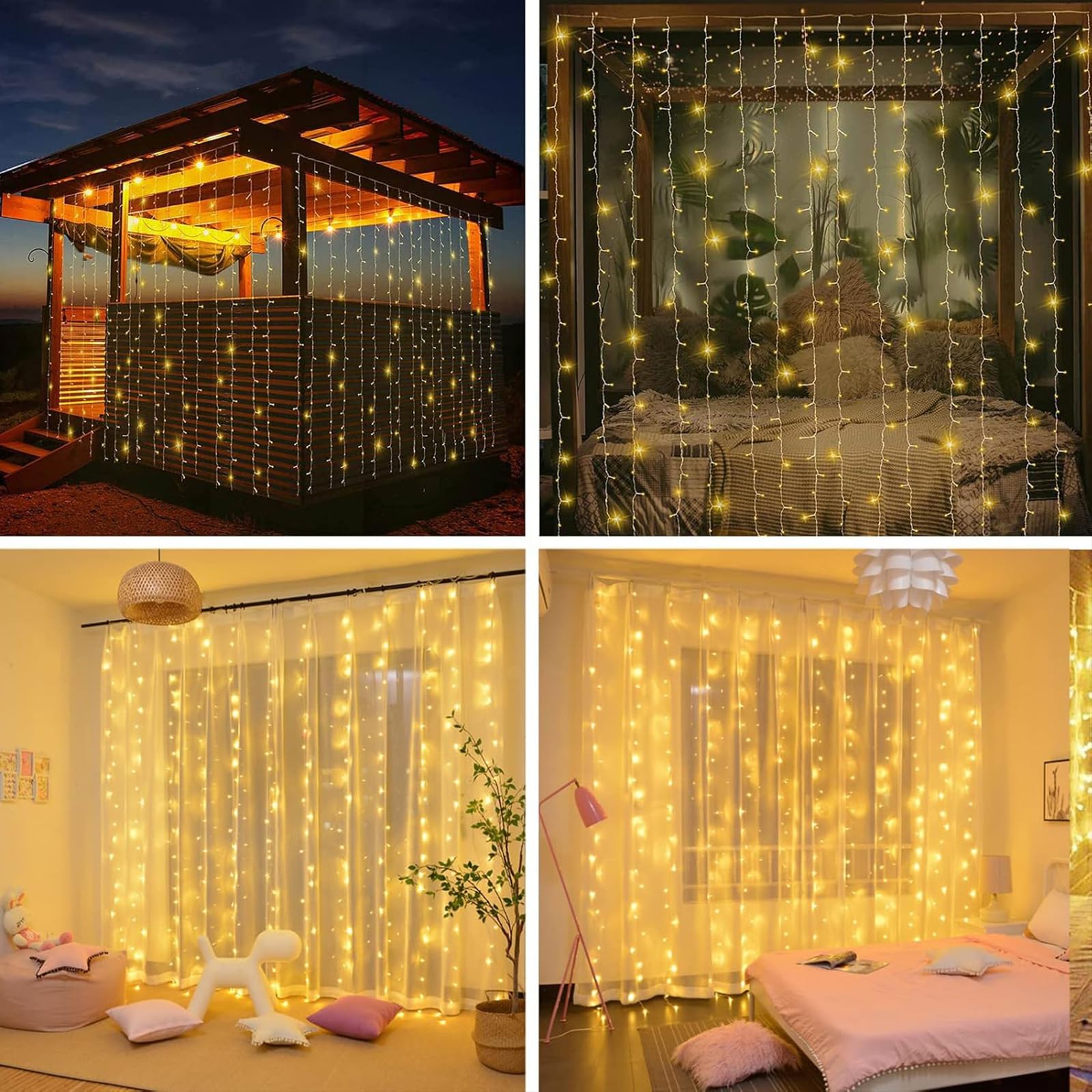 XINXIANLIAN 300LED Solar Curtain Lights Outdoor Indoor 8 Modes Solar Fairy Curtain String Lights Waterproof Twinkle Lights for Home Garden Patio Gazebo(): Warm White
