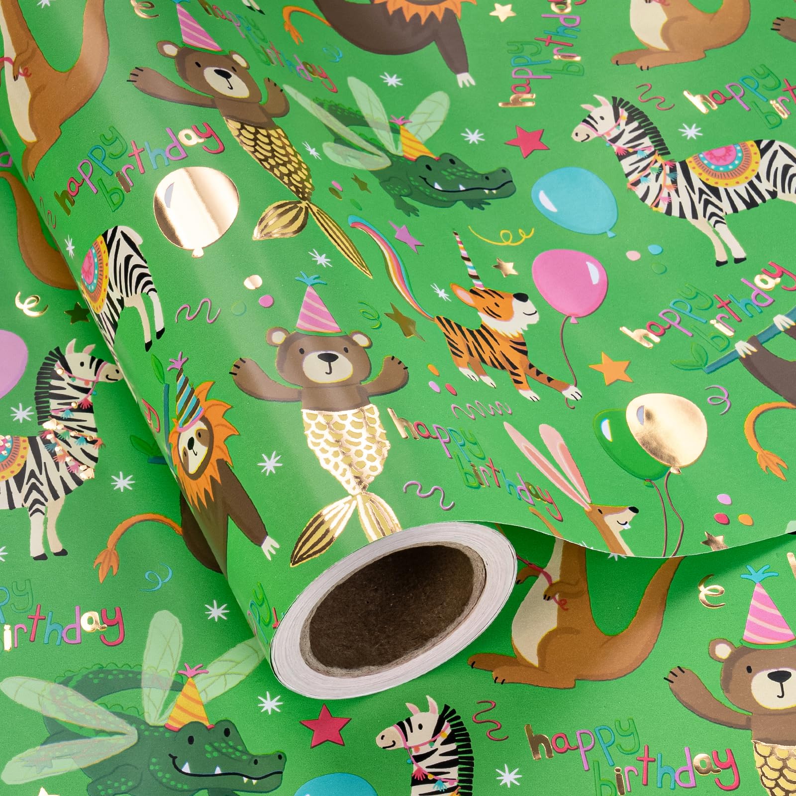 WRAPAHOLIC Animal Kids Birthday Wrapping Paper Roll - Mini Roll - 17 Inch x 16.5 Feet - Gold Foil Baby Animal Bday Design, Perfect for Birthday, Party, Holiday