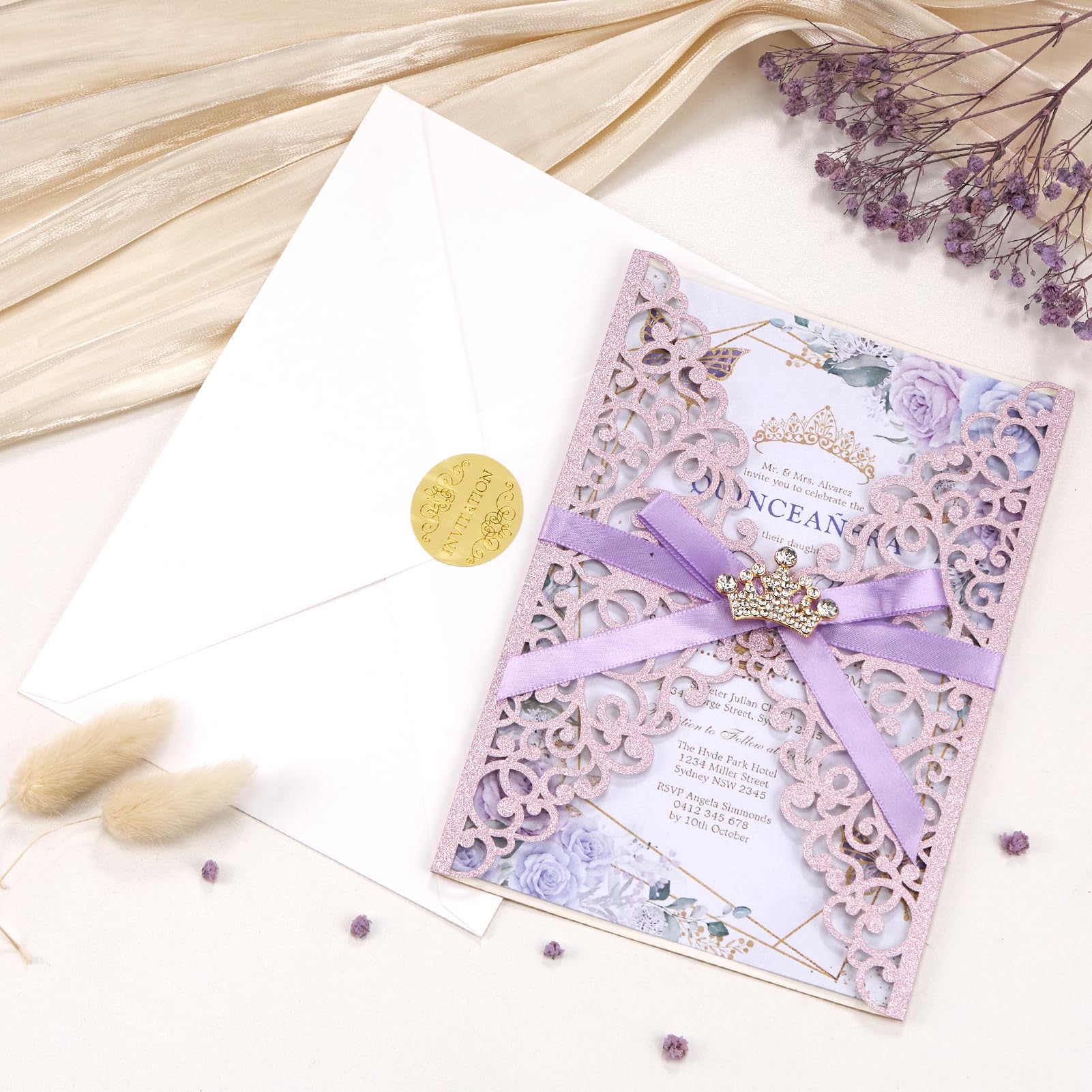 Hochzeitseinladungen, hohl, lasergeschnitten, mit Umschlägen und RSVP-Karten für Quinceañera-Verlobung, 25 Stück