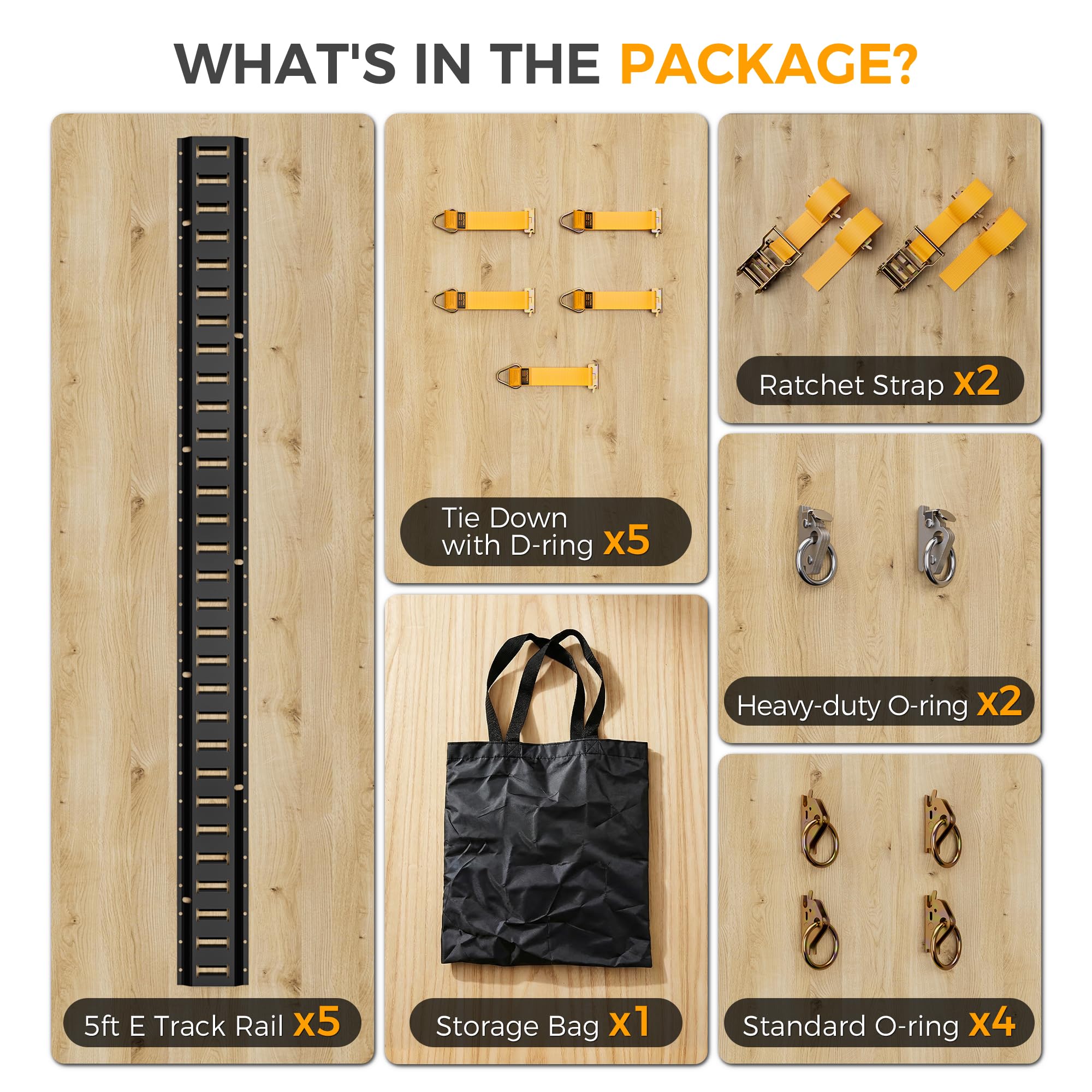 Kit Rail d'Arrimage E-Track 20 Pièces, 5 Rails de 1,52 m | Capacité Max. 998 kg, Anneaux en D, Anneaux en O Renforcés, Sangles à Cliquet, Pour Fourgon, Remorque, Utilitaire
