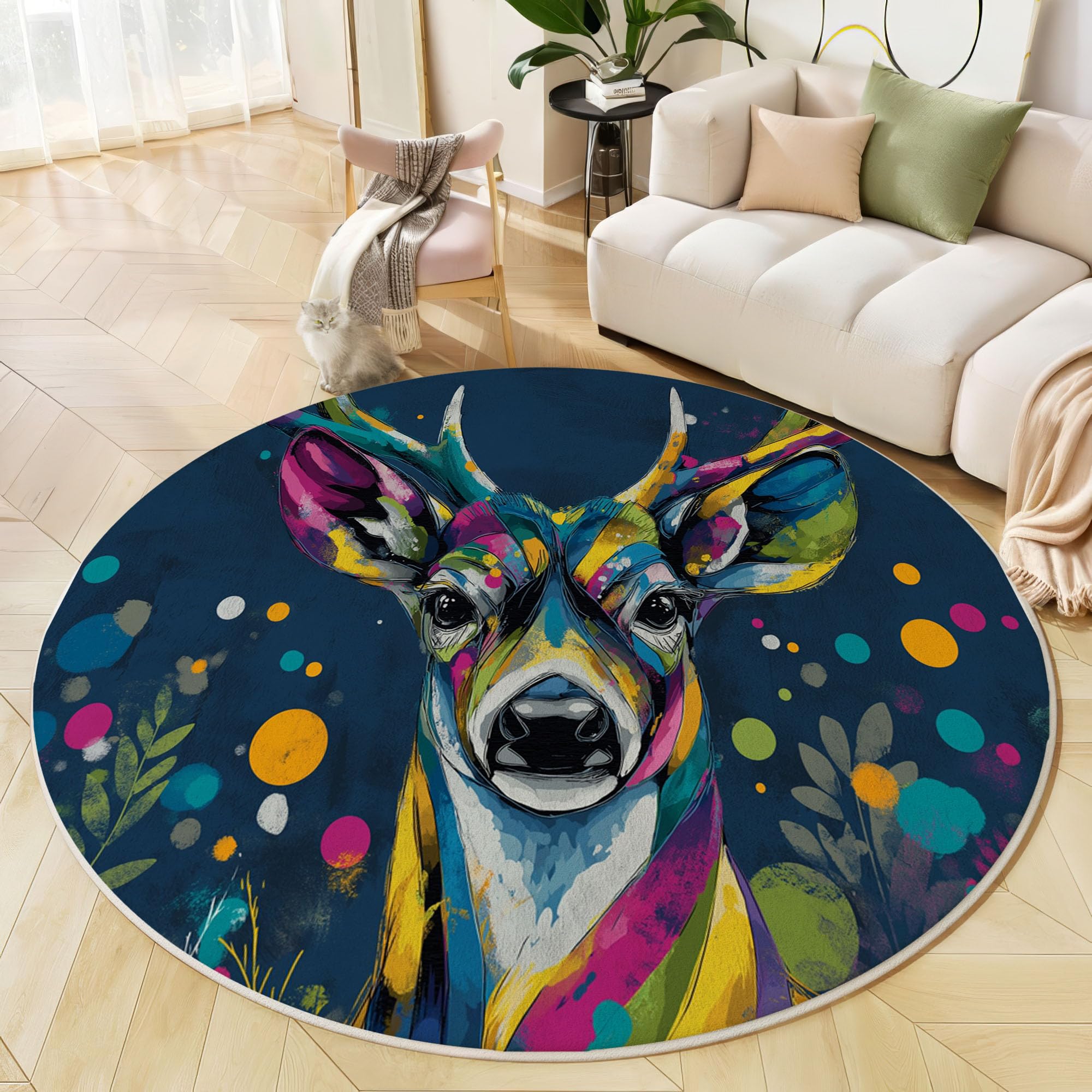 Tapis rond renne bleu marine pour une chambre à coucher douce et chaleureuse