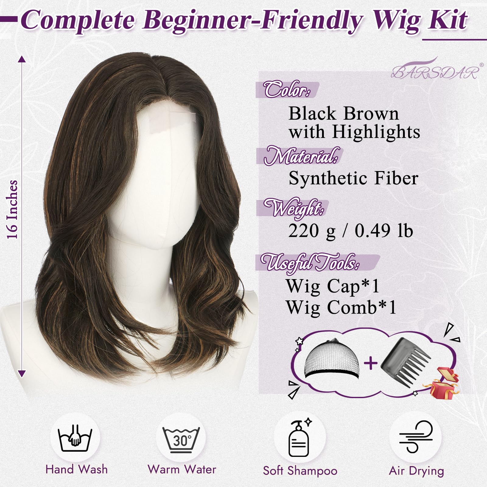 BARSDAR Negro Marrón Highlight Layered Peluca, Shoulder Longitud Liso Layered Pelucas para Mujeres Media Longitud Butterfly Face-Framing Curtain Bangs Peluca Sintética Aspecto Natural Pelucas de Pelo
