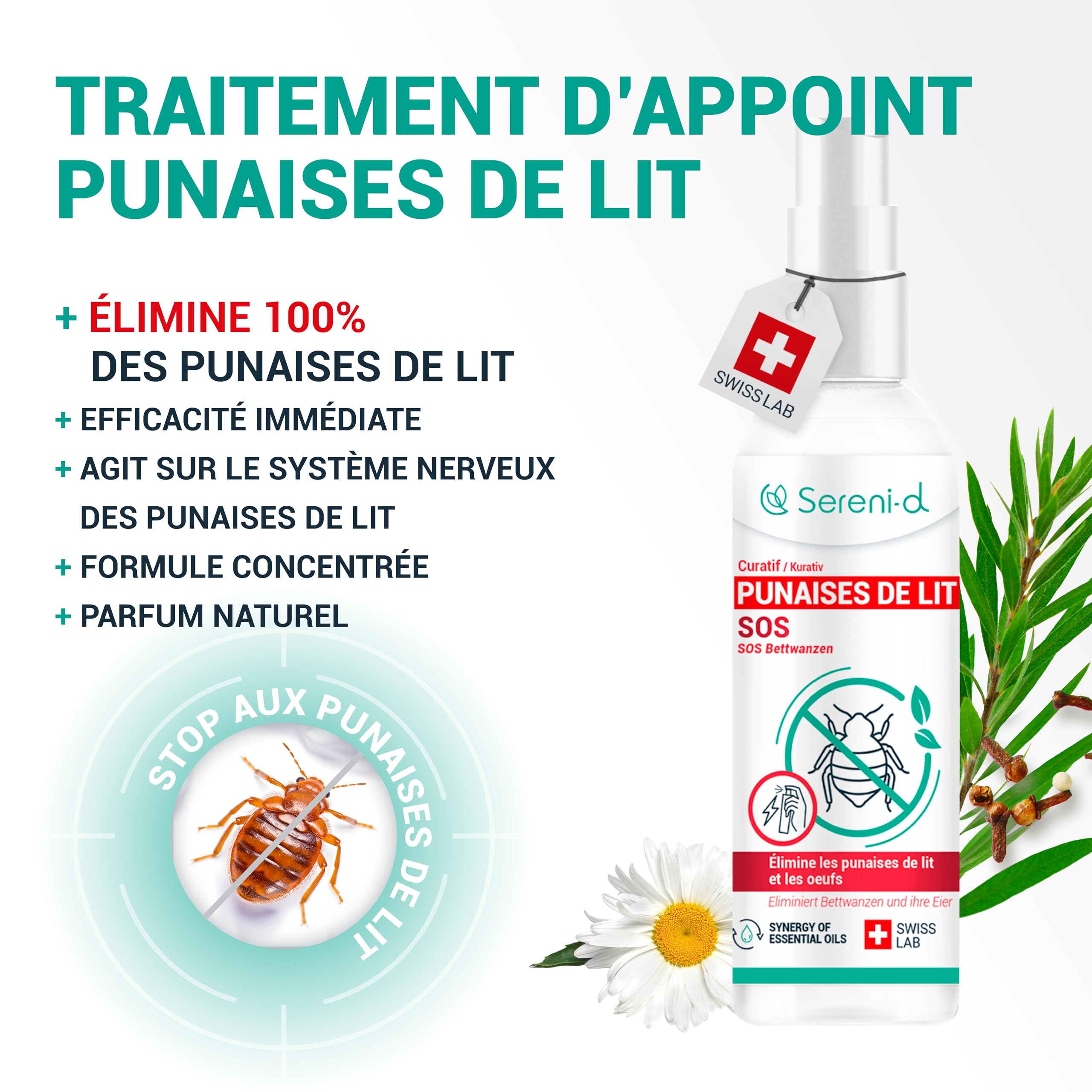 SOS ANTI PUNAISES DE LIT SUPER PUISSANT Sereni-d - Spray Insecticide CHOC Traitement naturel aux Huiles Essentielles et Fleur de Pyrèthre Végétal - Produit qui élimine les punaises de lit - 100mL