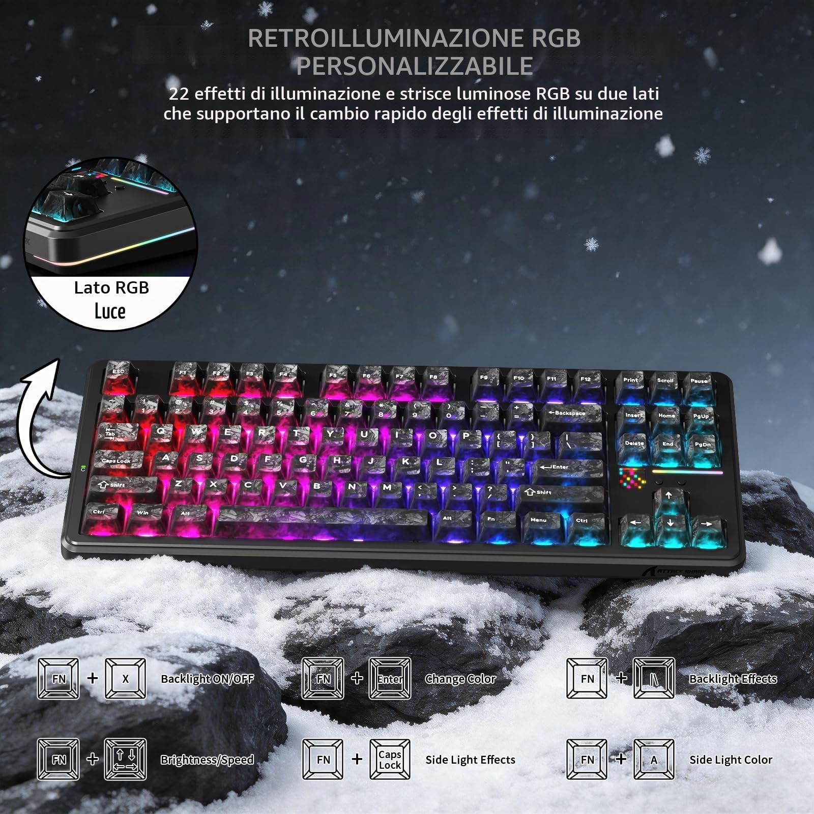 ATTACK SHARK X87 ULTRA Tastiera Meccanica da Gioco Wireless con Display a Matrice di Punti, BT/2,4 GHz/Cablata, 75% Hot swap, 10000mAh, RGB, Ricevitore Wireless Shark Fin, Ink Shadow
