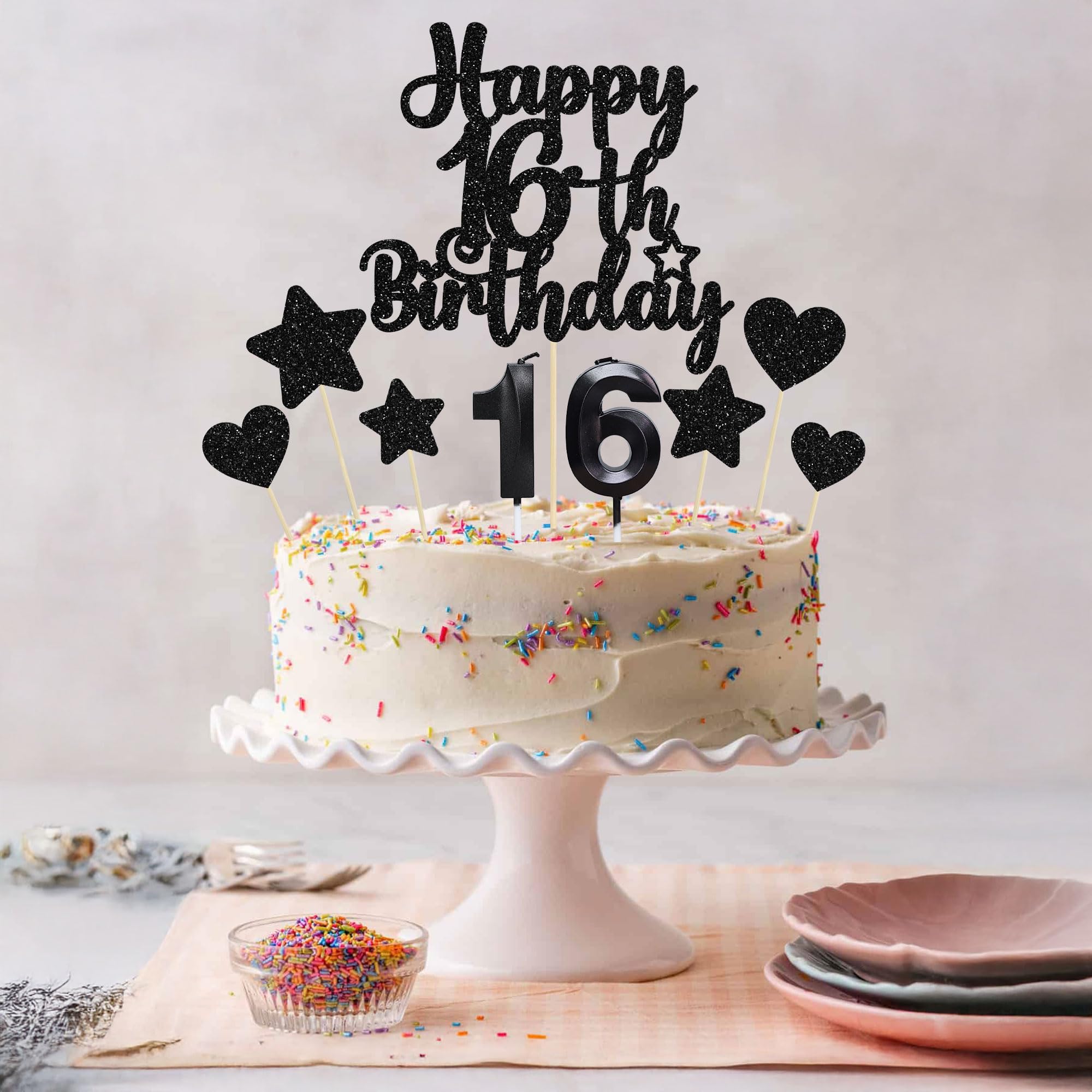 Gyufise 15Pcs Happy 16th Birthday Cake Topper Set including Heart Star Glitter Cheers to 16 Years Cake Picks Number 16 Candles Cake Decorations for Happy 16th Birthday Anniversary Party Supplies Black - Image 6