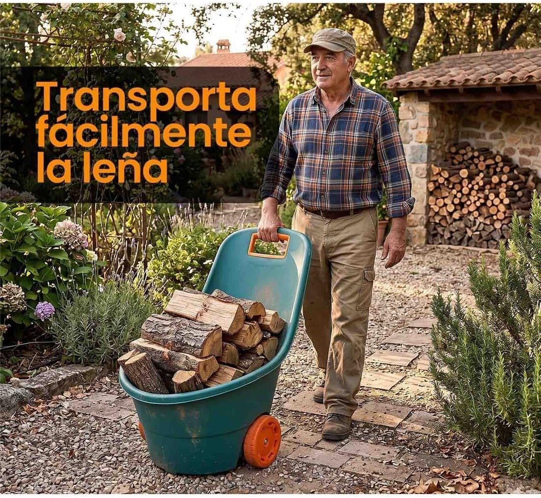 Carro de Jardín con Ruedas, Verde y Naranja, Polipropileno, 68 litros, Todo Terreno, Ergonómico, 84x49x46 cm TB Thayba