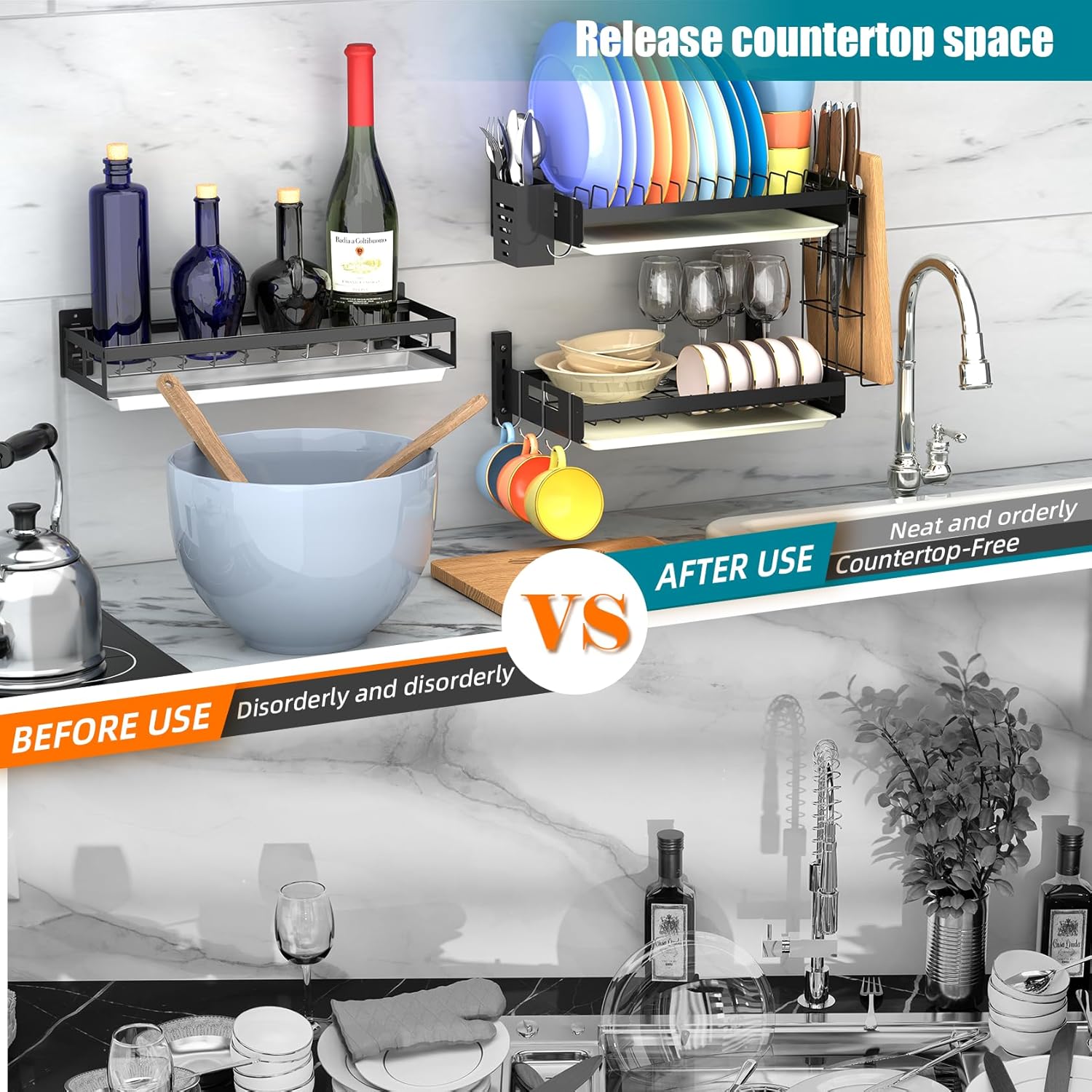 Hanging Wall Mounted Dish Drying Rack Set with Detachable & Removable Layer*2, Hook*4, Drain Tray*2, Apartment & RV Wall Mounted Dish Rack, Adhesive Mountable, Length: 15.9", Washable (Black)