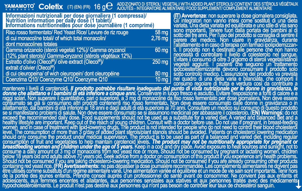 YAMAMOTO RESEARCH Coletix New Formula 30 compresse, integratore alimentare a base di riso rosso fermentato (Monascus purpureus), con gamma orizanolo e coenzima Q10. Supporta la salute del cuore