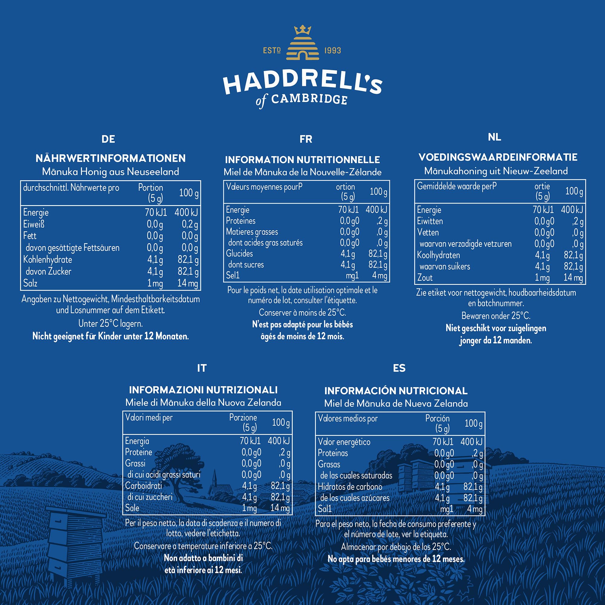 Haddrells of Cambridge Miel de Manuka MGO 800+ (UMF 20+) 500g - Miel certificada de Nueva Zelanda - Rica en metilglioxal - Sostenible, cruda y con un alto contenido en MGO