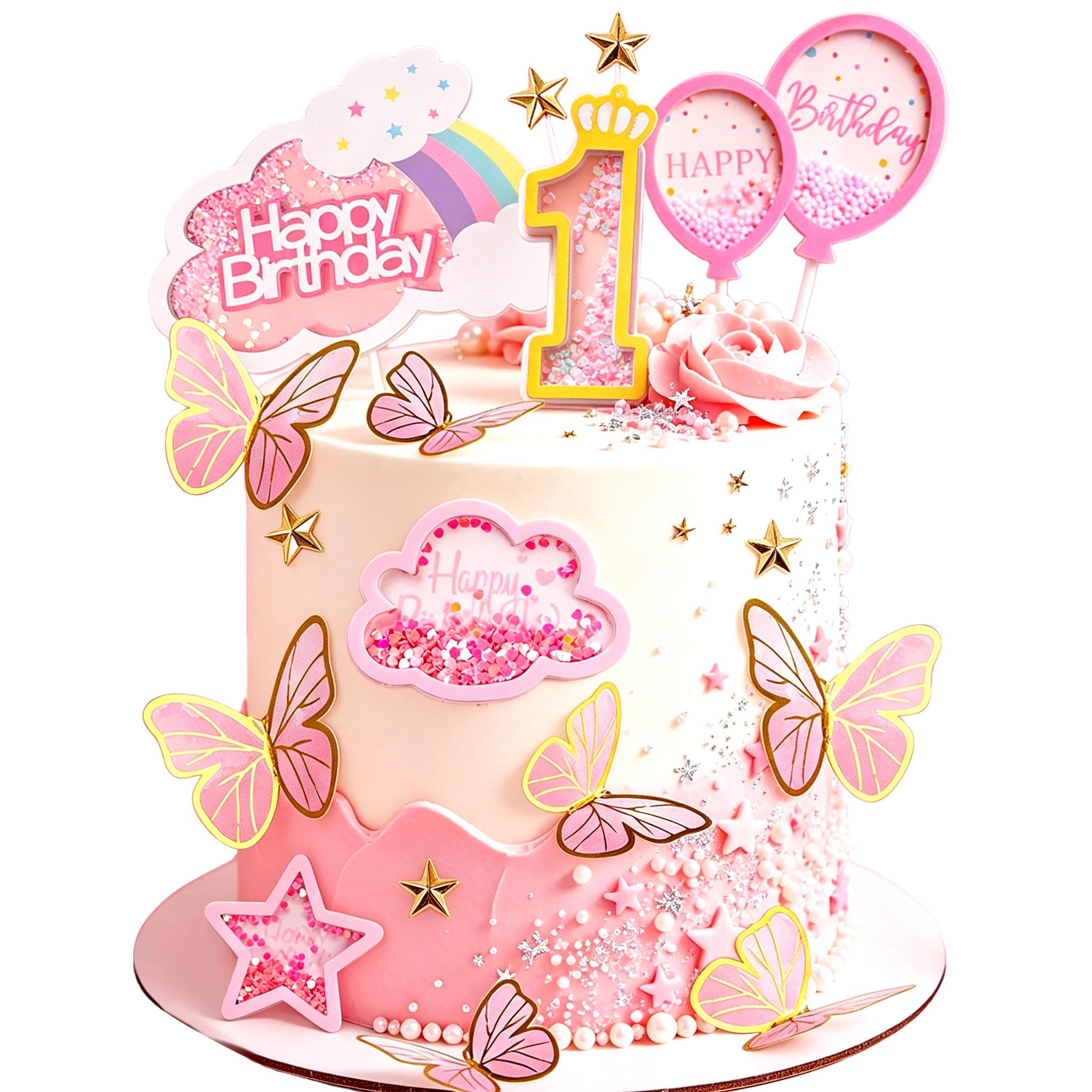 Pink 1st Birthday Cake Decoration Rainbow Clouds Stars Cake Picks