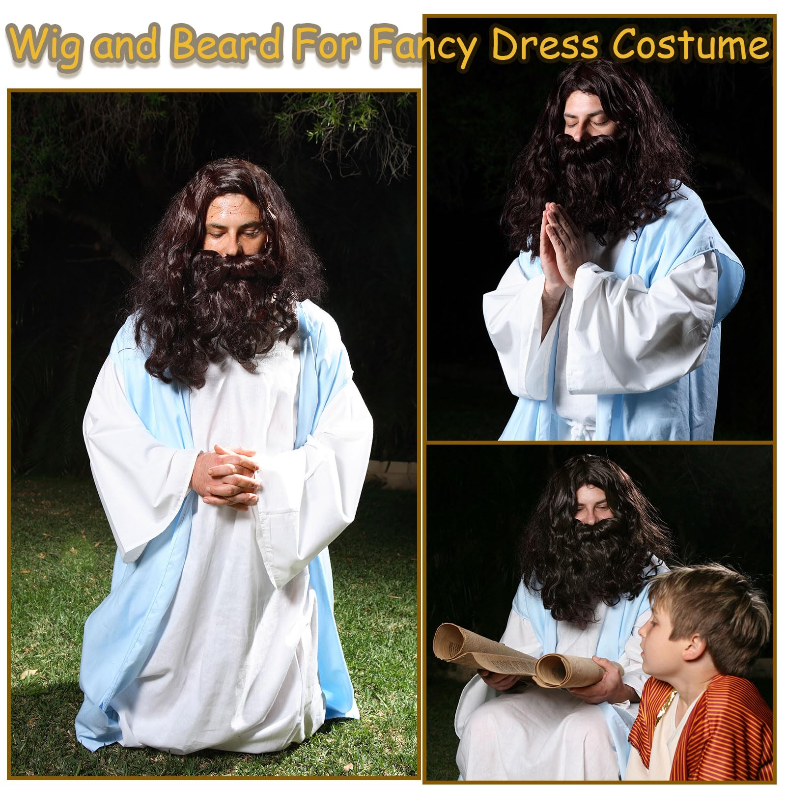 FOUNSHO Long Wig and Beard Adults Dark Brown Curly Wig for Halloween Carnival Wizard Fancy Dress Party - Image 3