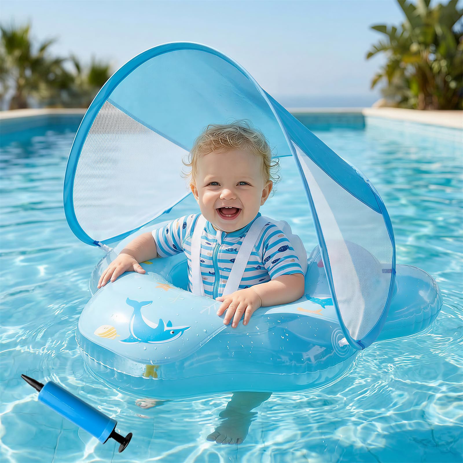 Olycism Salvagente Neonato con Parasole UPF50+ Ciambella Neonato Mare con Pompa ad Aria e Kit di Patch Materiali Adatti ai Bambini Carico massimo 20 kg per Bambini Azzurro chiaro
