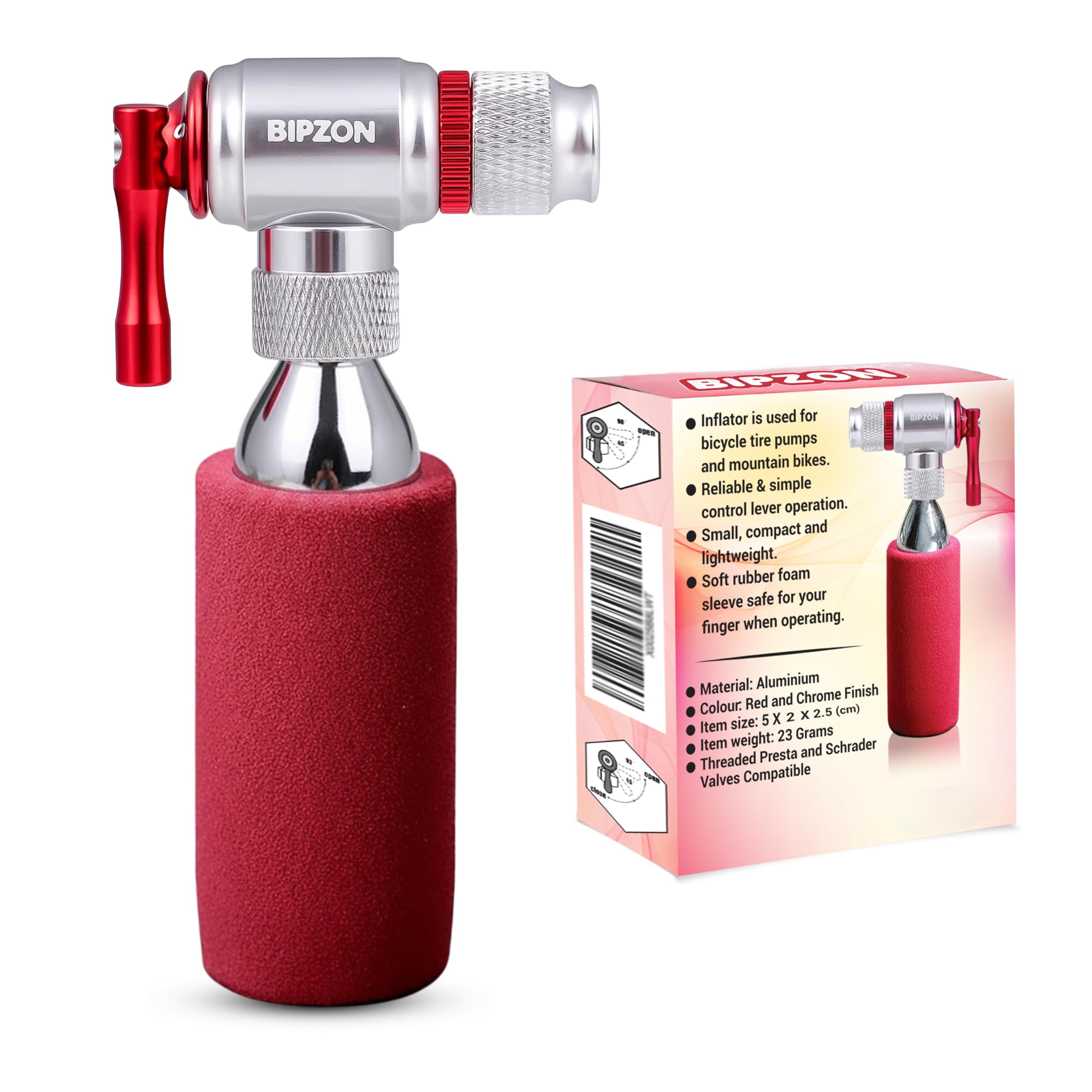 BIPZON CO2 Bike Tyre Inflator - Quick & Easy Cycling Tire Pump, Presta and Schrader Valve Compatible 12g, 16g, 20g & 25g Threaded Cartridges - For Road, MTB & Hybrid Bikes (Cartridges Not Included)